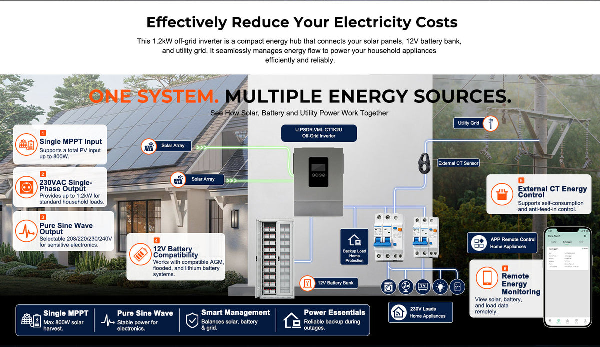 1200W 12V Hybrid Solar Inverter | 100A MPPT, Pure Sine Wave Off-Grid Power for RV & Cabin