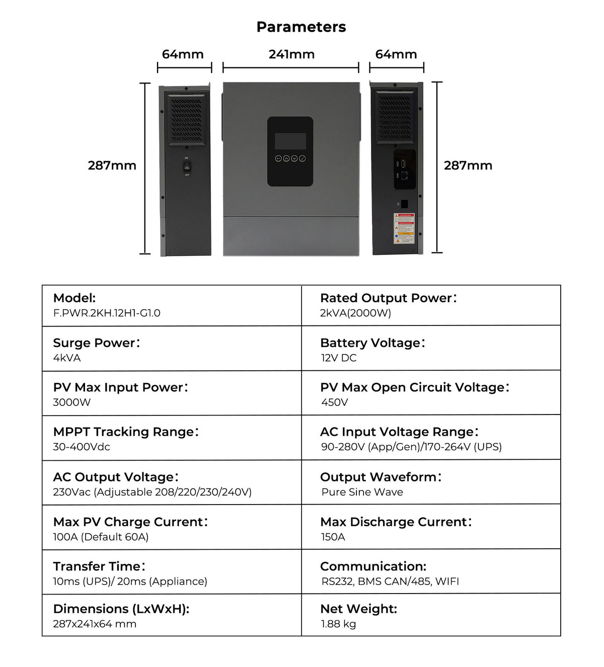 2000W 12V Hybrid Solar Inverter | 3000W PV Input, 100A MPPT, Pure Sine Wave Off-Grid Power