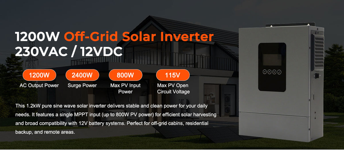 1200W 12V Hybrid Solar Inverter | 100A MPPT, Pure Sine Wave Off-Grid Power for RV & Cabin