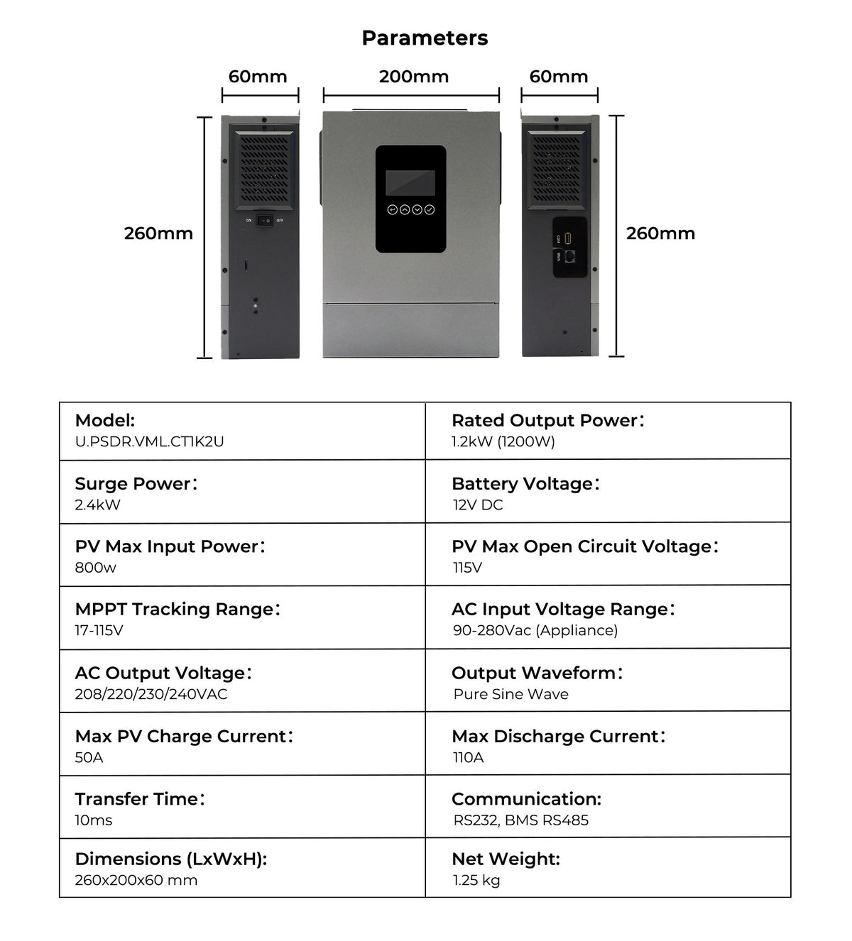 1200W 12V Hybrid Solar Inverter | 100A MPPT, Pure Sine Wave Off-Grid Power for RV & Cabin