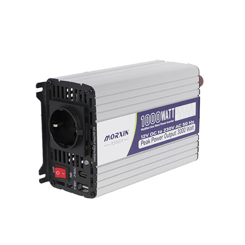 Morxin Power 1000W modified sine wave inverter, designed to convert 12V DC to 230V AC, featuring various output ports.
