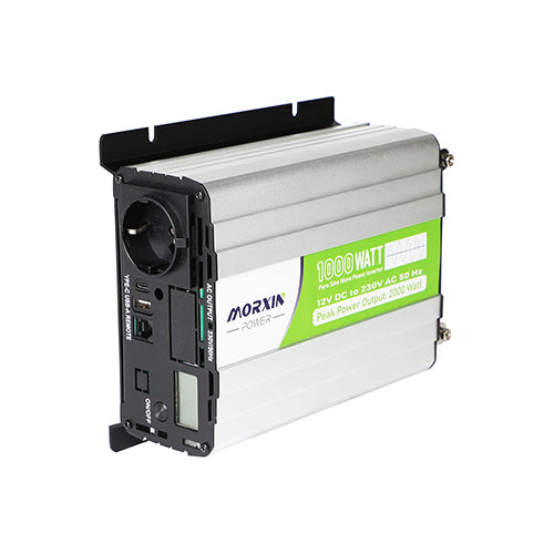 Morxin Power  1000W pure sine wave inverter, designed to convert 12V DC to 230V AC, featuring an LED display and multiple output options.