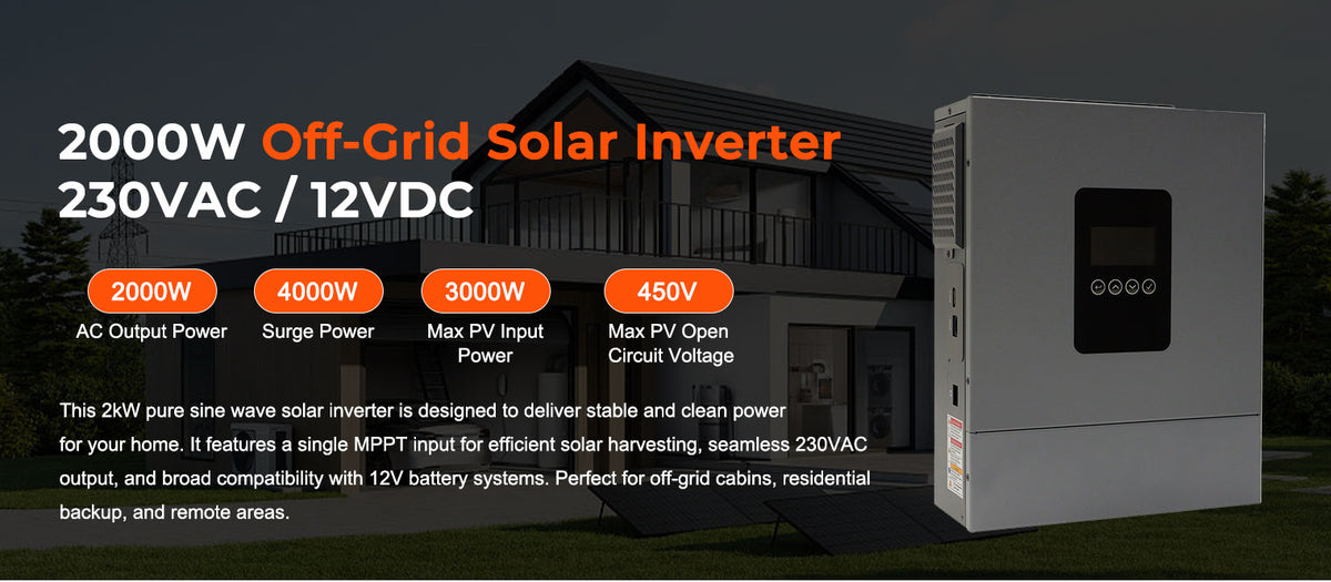 2000W 12V Hybrid Solar Inverter | 3000W PV Input, 100A MPPT, Pure Sine Wave Off-Grid Power
