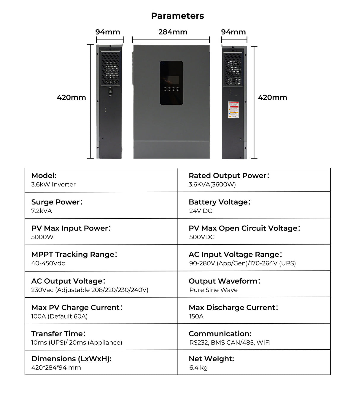 3600W 24V Hybrid Solar Inverter | Parallel Capable, 100A MPPT, Pure Sine Wave Off-Grid Power