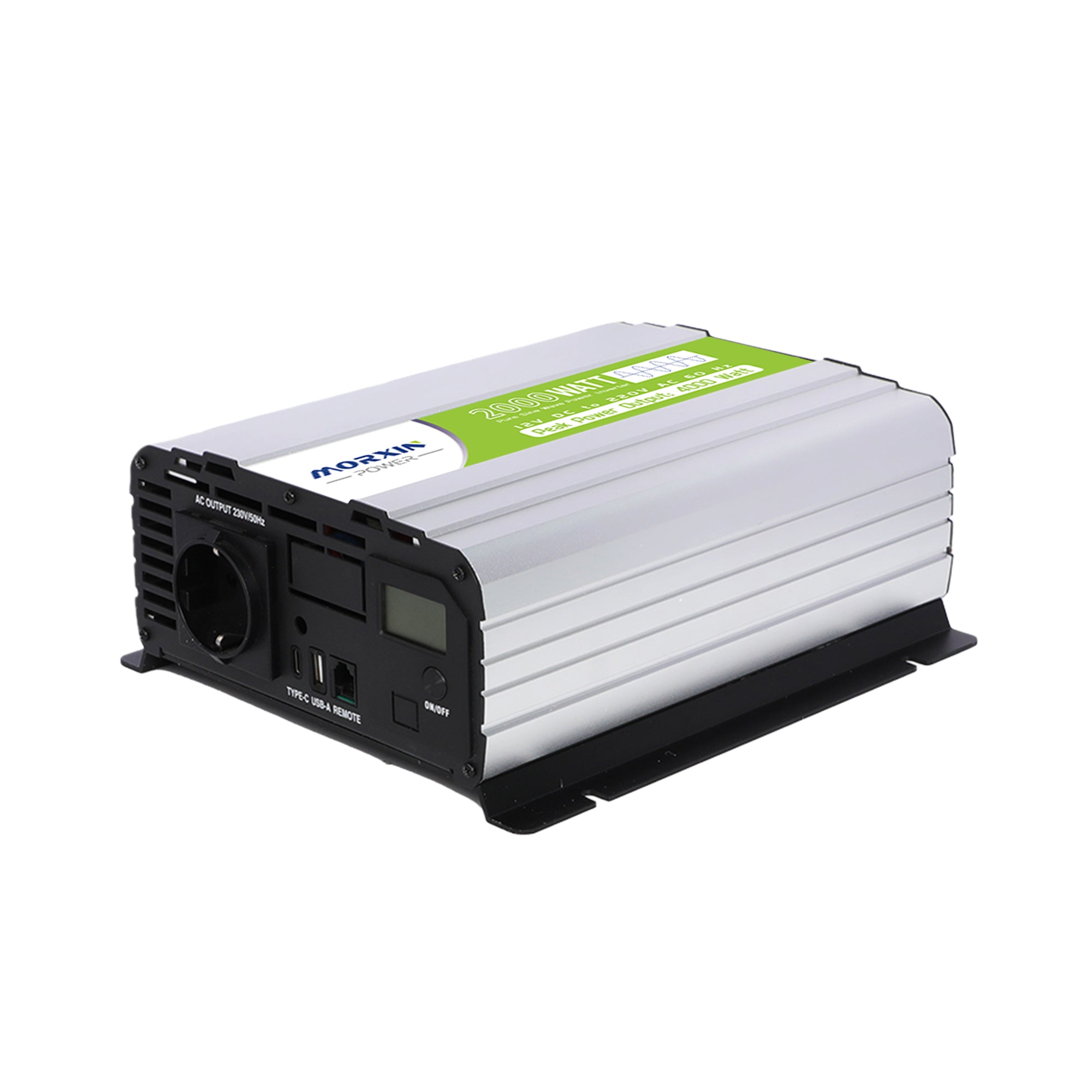 Silver power inverter with green label, displaying ports and digital screen, designed for converting DC to AC power.