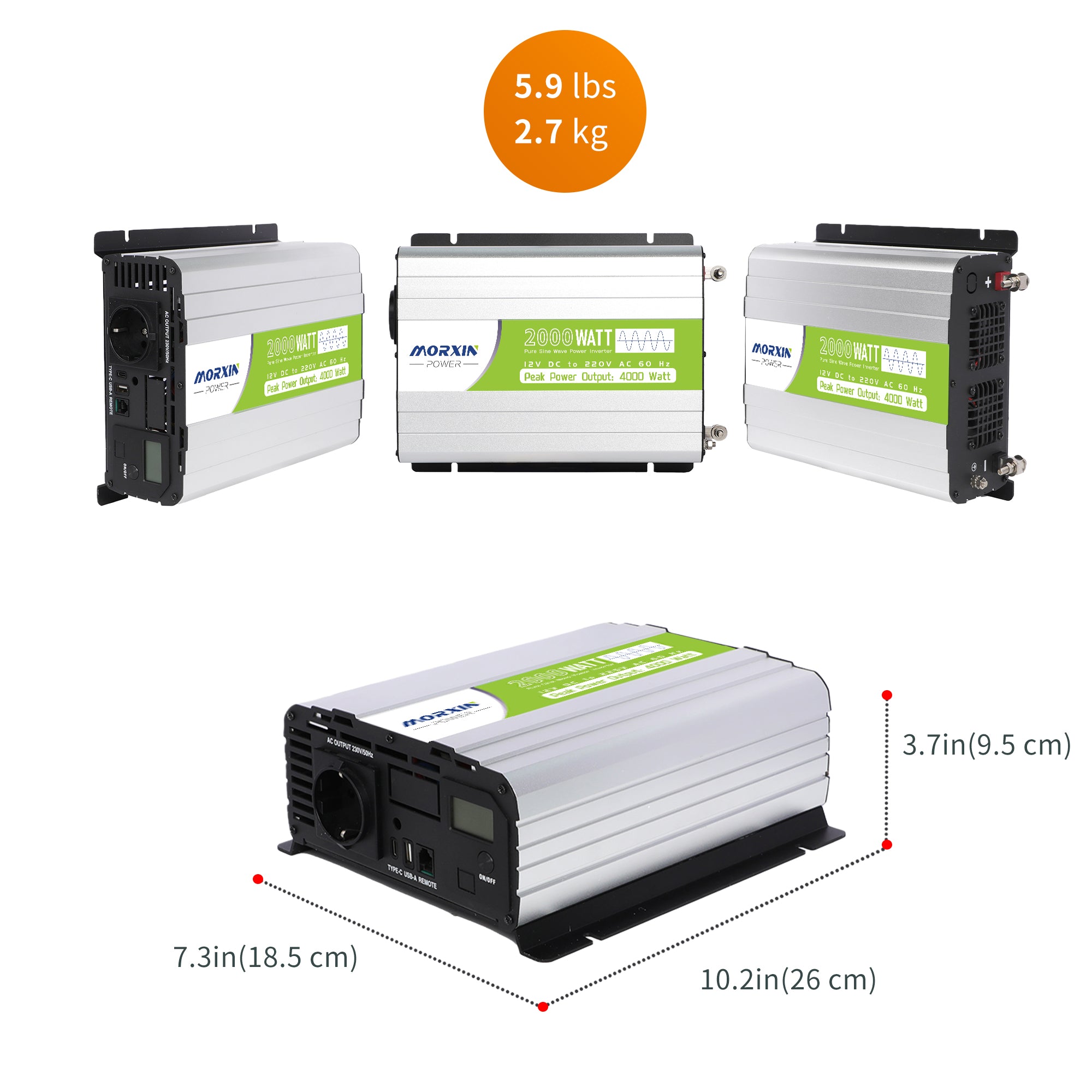 2000-watt inverter with peak power output of 4000 watts; dimensions: 10.2 x 7.3 x 3.7 in.; weight: 5.9 lbs.
