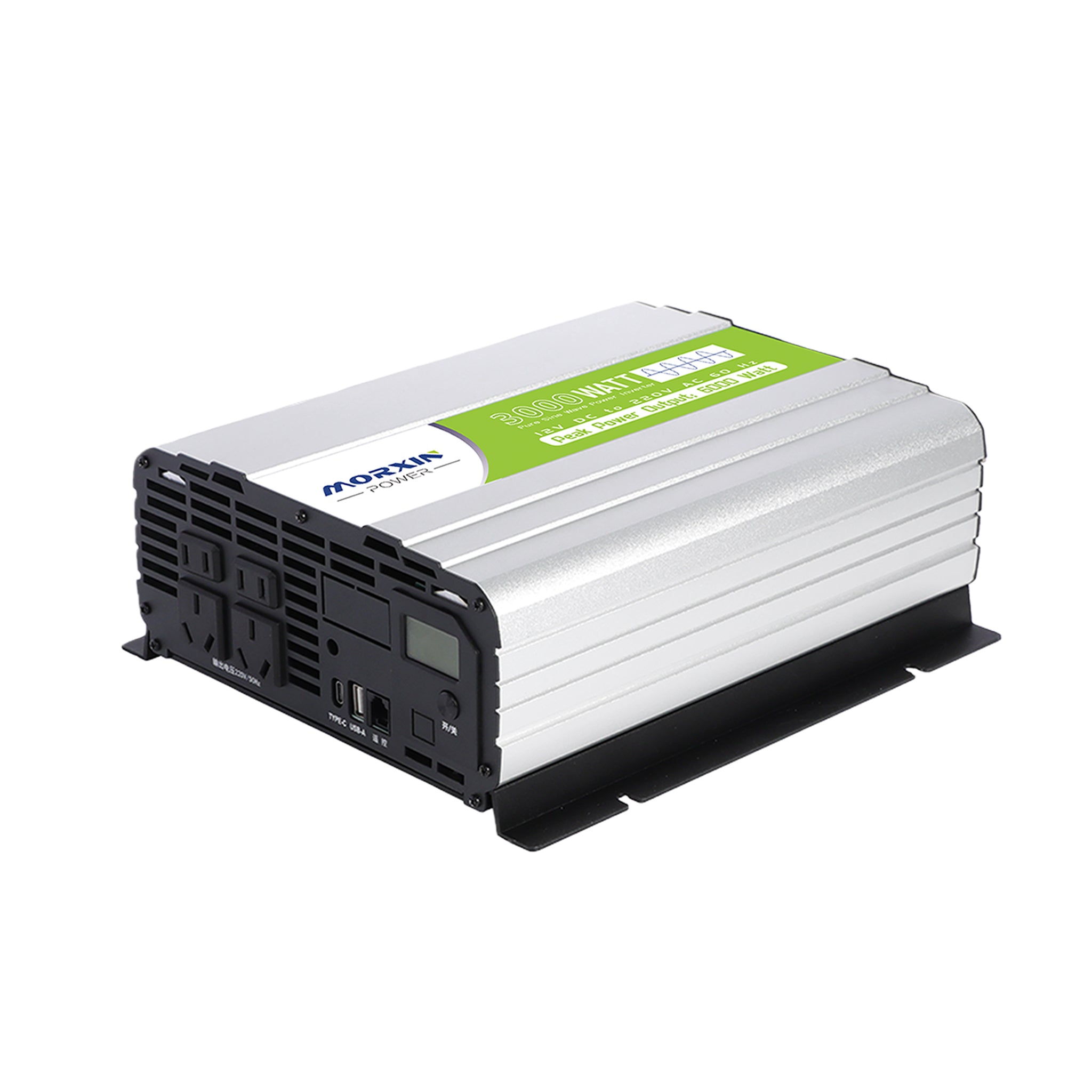 12V 3000W Morxin Power pure sine wave inverter front view showing LCD display and AC outlets.