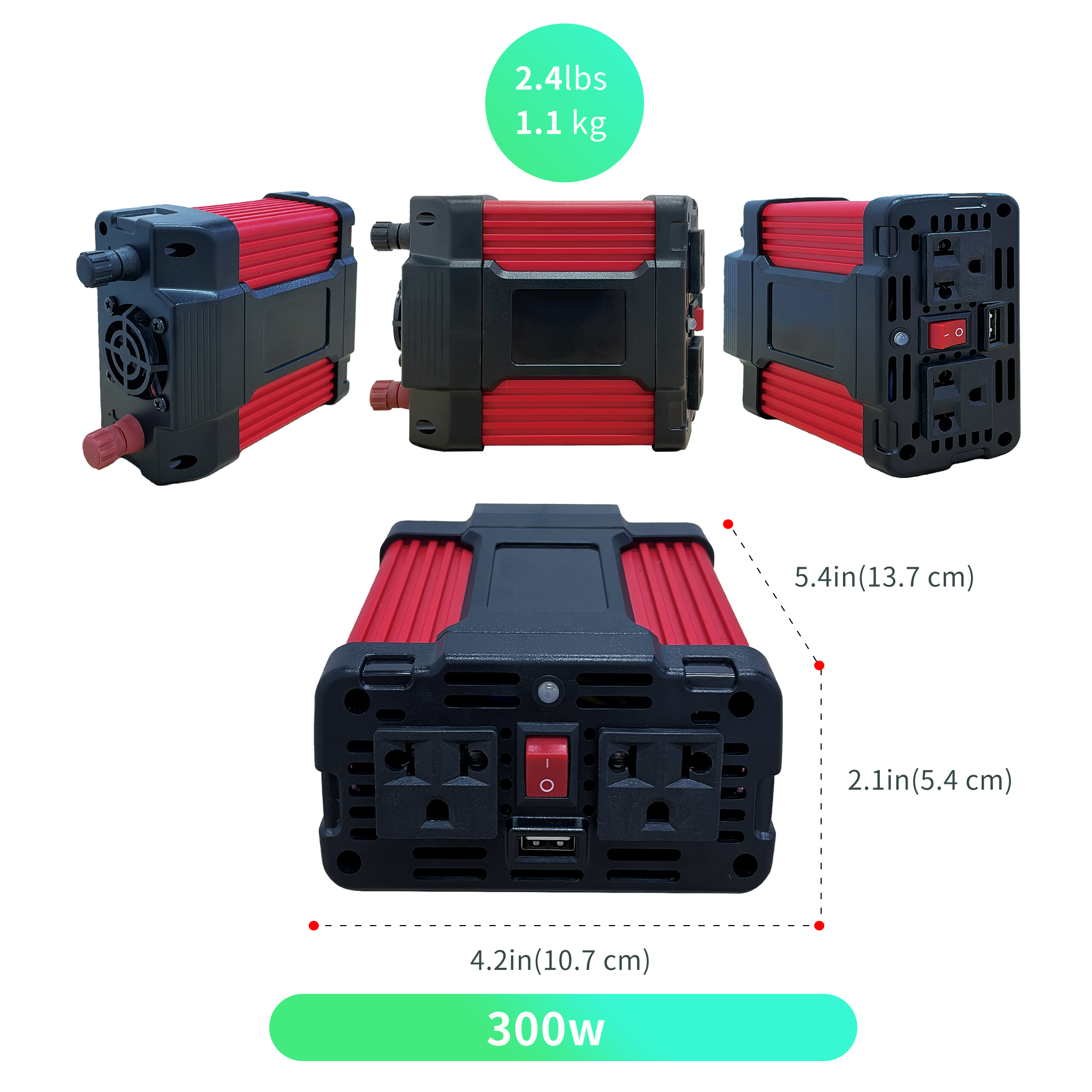 Morxin Power red and black 300W power inverter displays four sides and dimensions, weighing 2.4 lbs (1.1 kg).