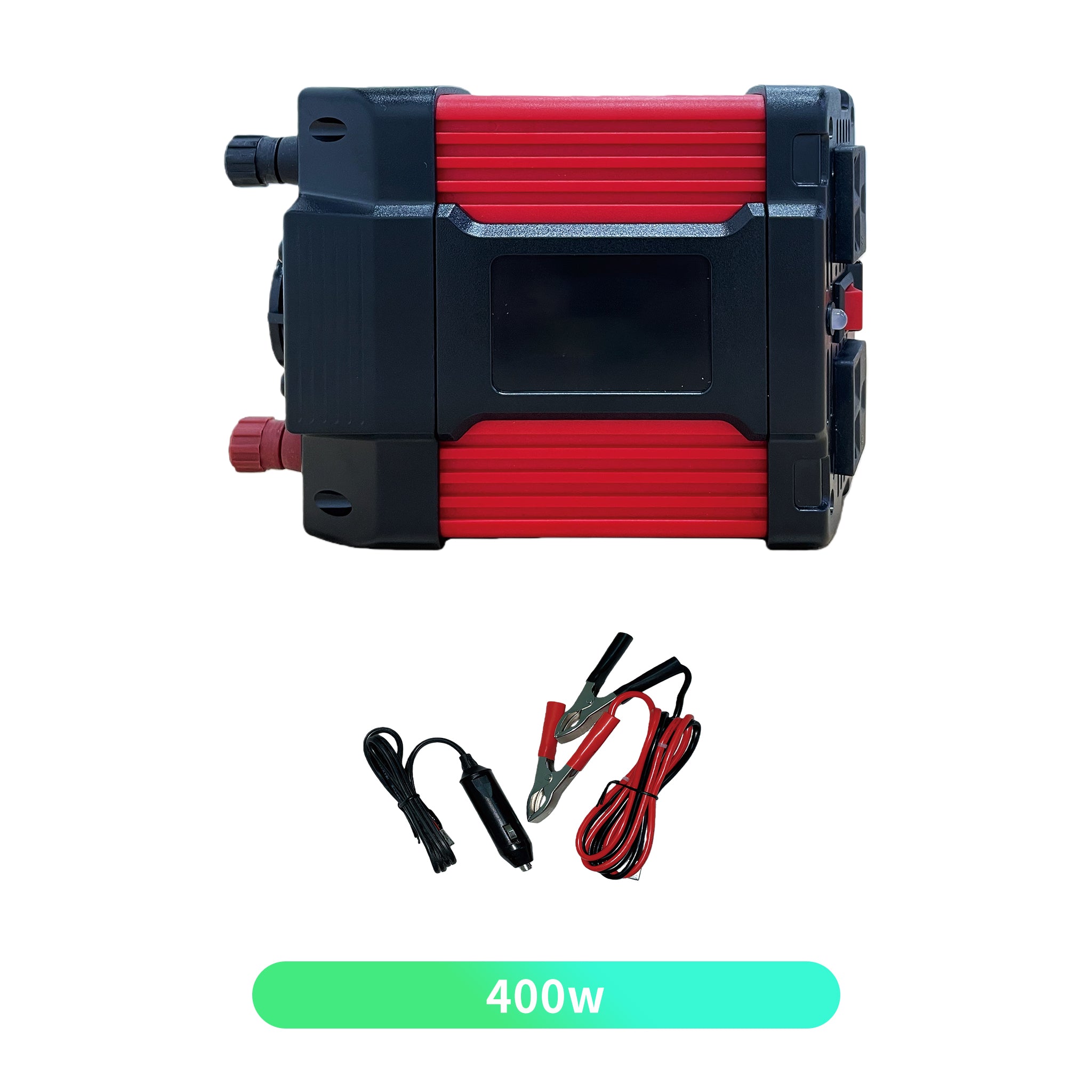 Red edition 12v 400w modified sine wave inverter with durable red and black ribbed housing, side cooling vents, and dual connection ports. Image includes accessory set: black 12V car cigarette-lighter cable and battery clip cables.
