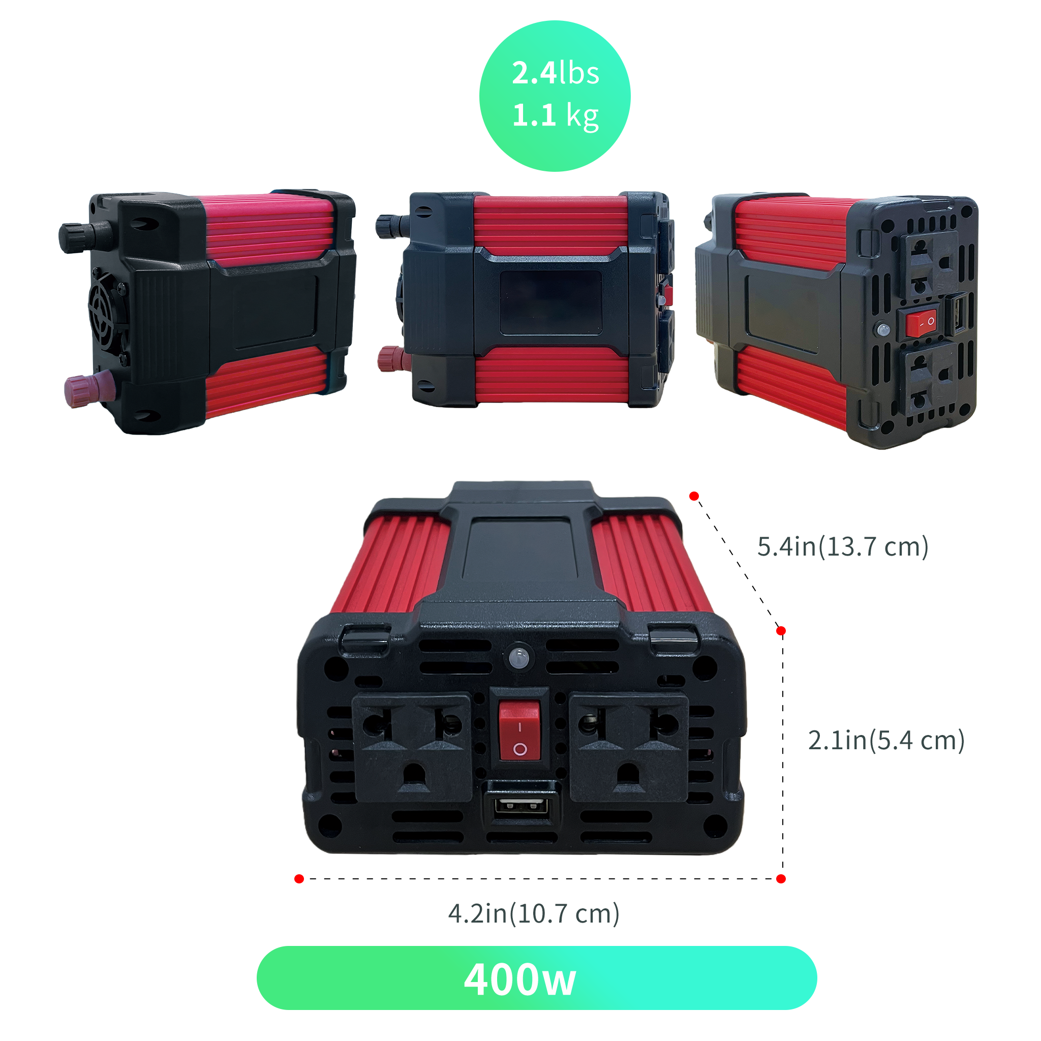 Morxin Power 400W red edition modified sine wave inverter, featuring red and black casing, dual outlets, and a USB port. Weighs 2.4 lbs., dimensions 5.4 x 4.2 x 2.1 inches.