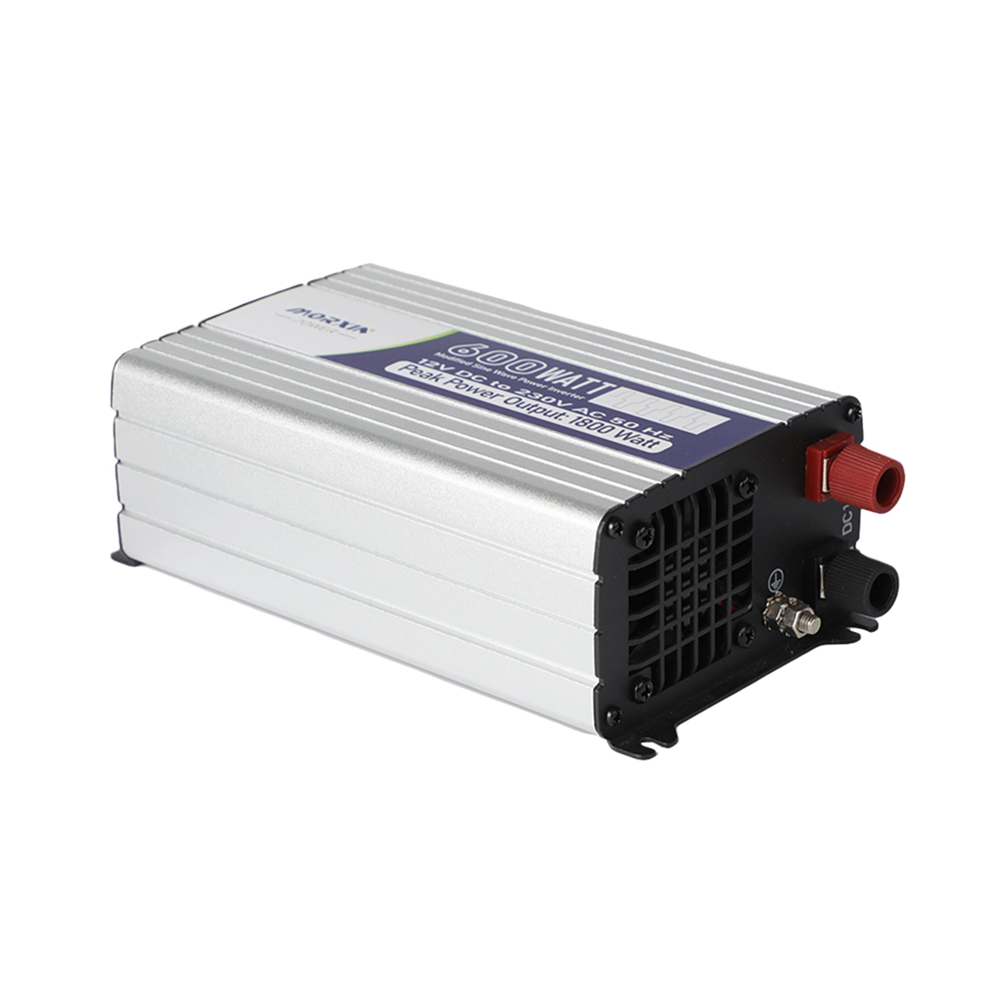 Silver 600-watt power inverter with DC inputs, labeled for a peak power output of 1800 watts.