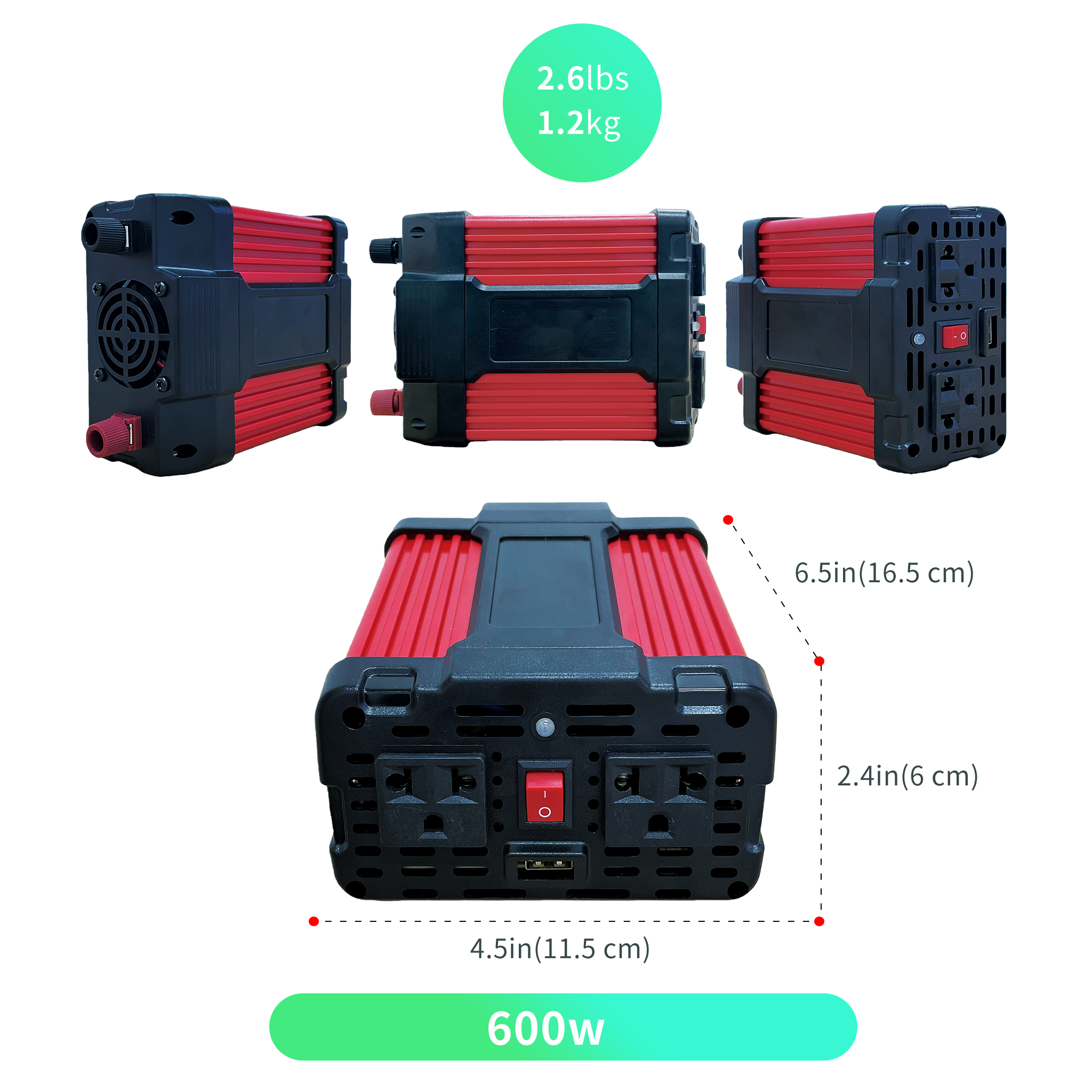Image of a 600w red and black power inverter with dimensions and weight.