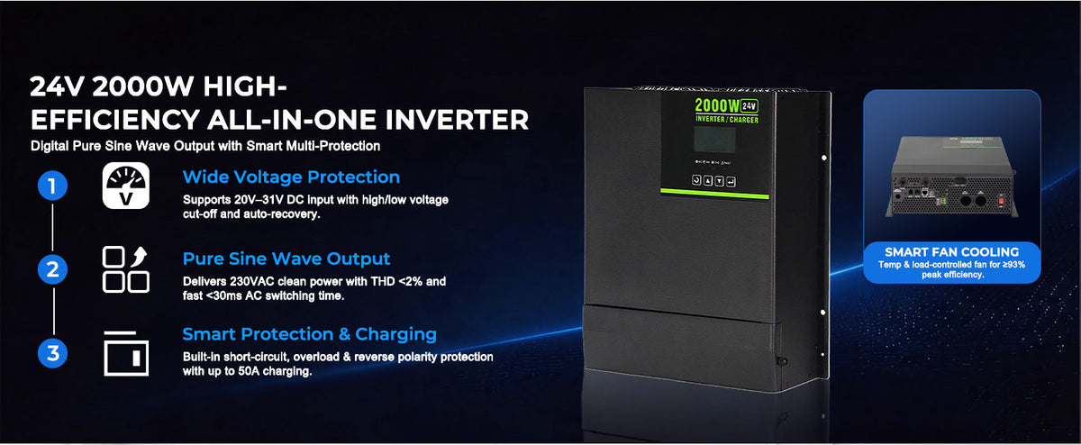 MorxinVolt 2000W Pure Sine Wave Inverter Charger, 24V DC to 220V AC Off-Grid Solar Hybrid Inverter with Smart Charger for RV, Cabin & Home Backup Power