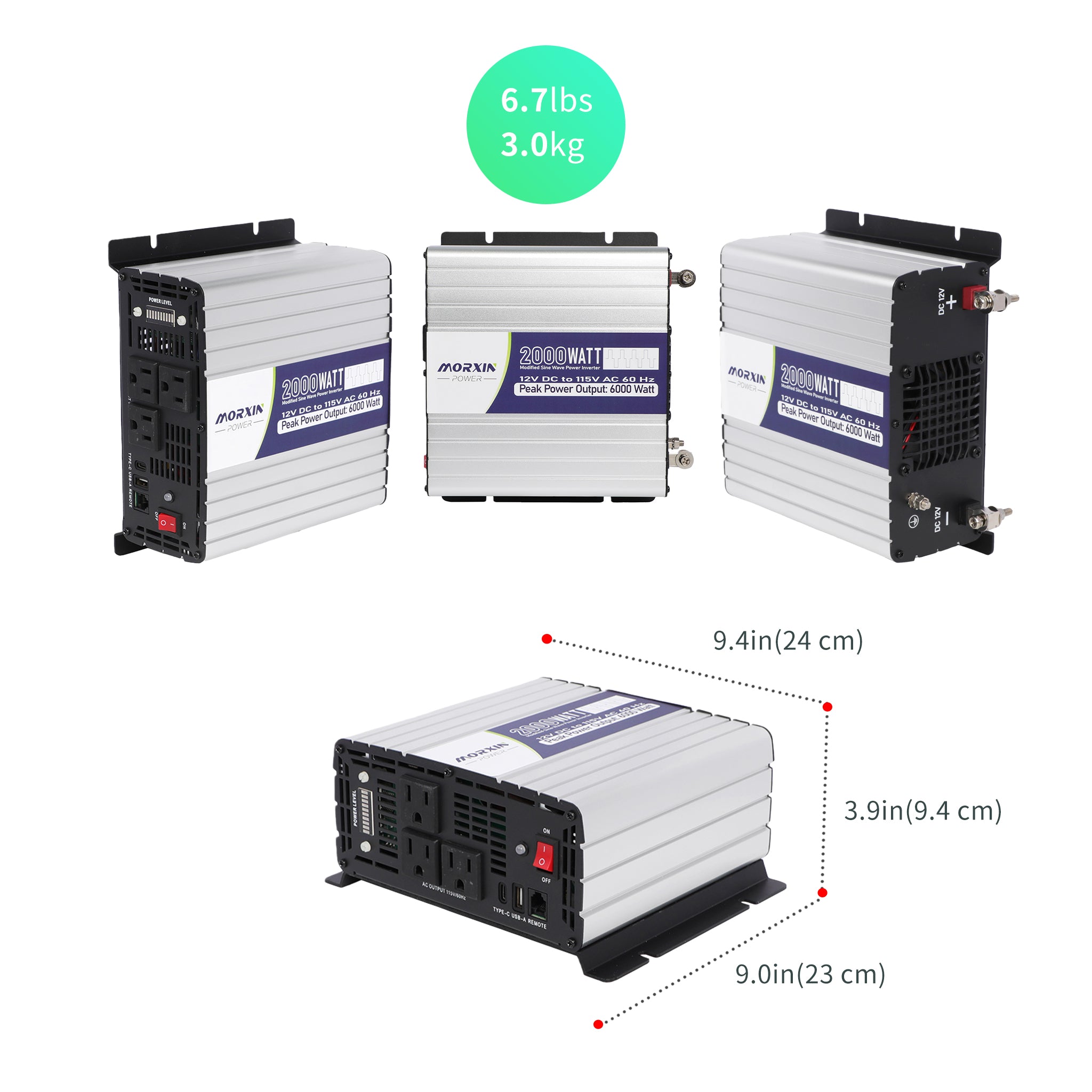 Multi-angle product display of a silver and black Morxin Power 2000-watt power inverter showing front, side, and rear panels with AC outlets, USB ports, ventilation grilles, and DC 12V battery terminals; a green weight label reading ‘6.7 lbs / 3.0 kg’; and a bottom diagram displaying dimensions of 9.4 in (24 cm) length, 9.0 in (23 cm) width, and 3.9 in (9.4 cm) height.
