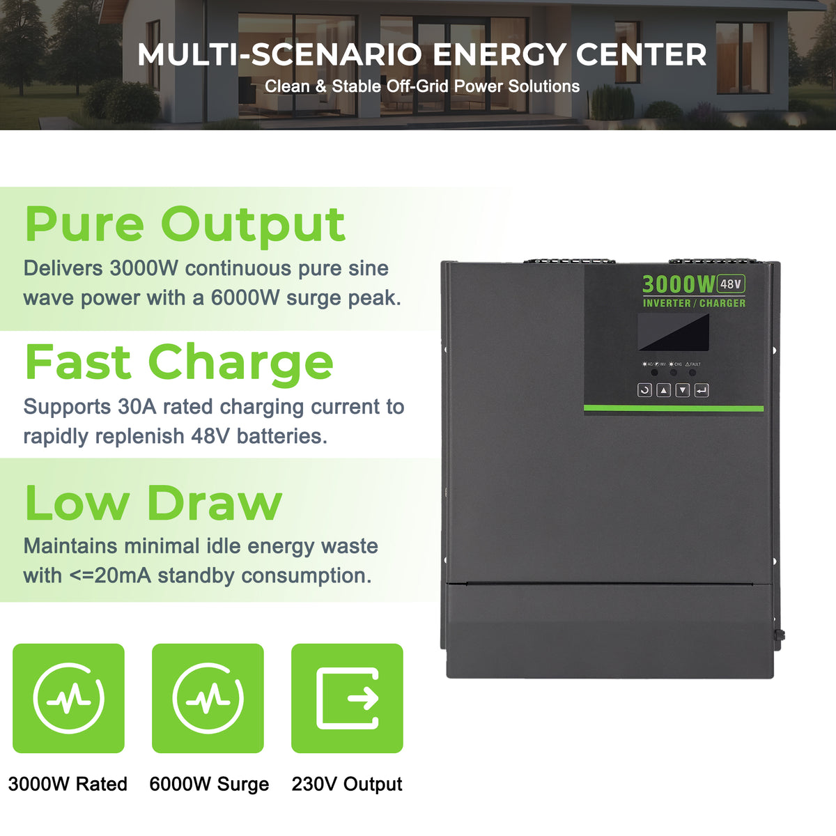 MorxinVolt 3000W Pure Sine Wave Inverter Charger 48V DC to 120V/220V AC Off-Grid Solar Inverter