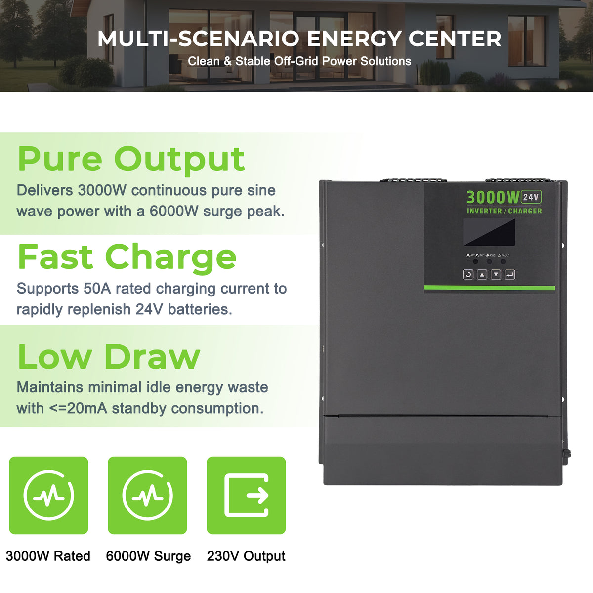 MorxinVolt 3000W 24V Pure Sine Wave Inverter Charger, DC to 220V AC Hybrid Solar Inverter, 6000W Surge Peak Power for RV, Cabin, Home Off‑Grid Backup Power
