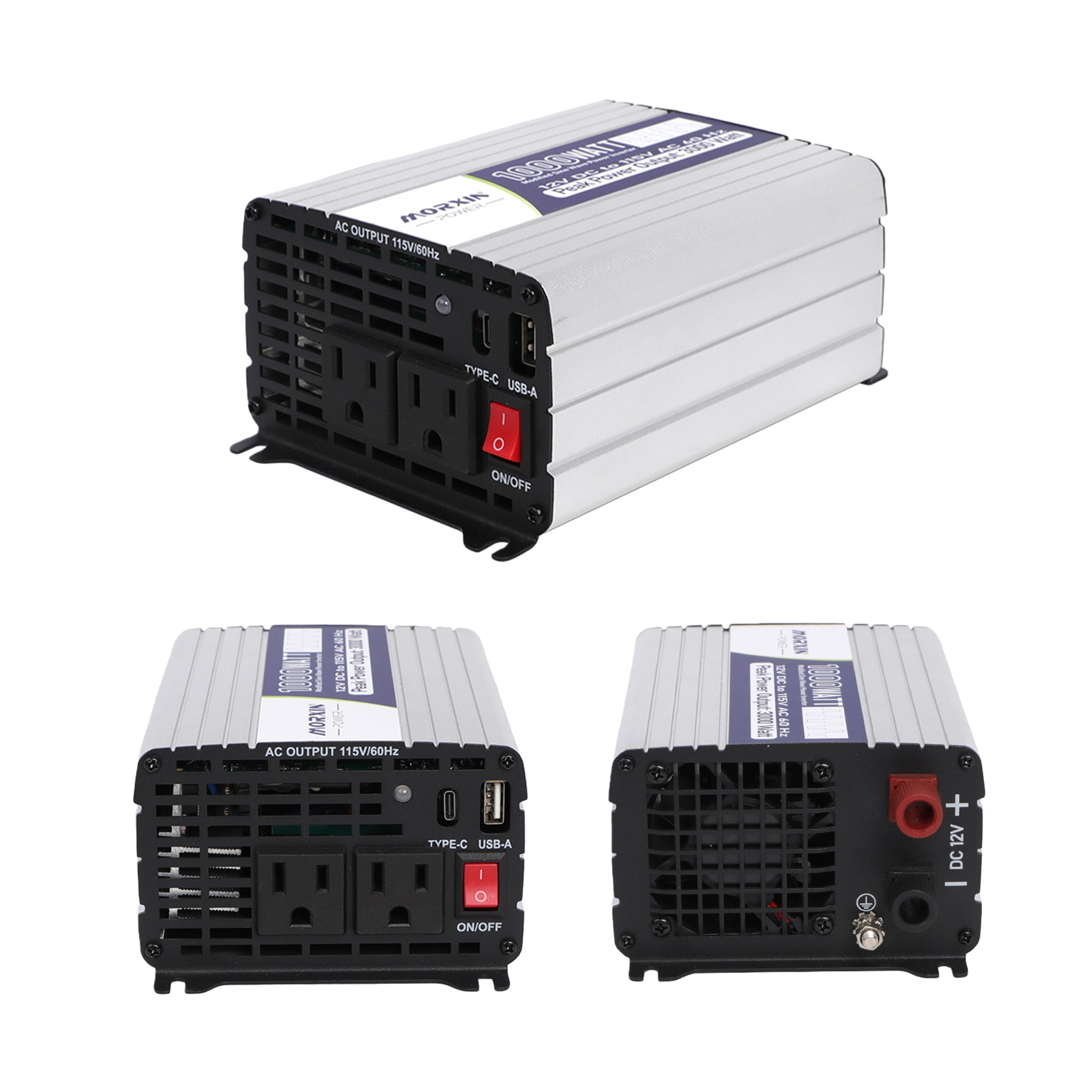 Silver power inverter with two AC outlets, USB-A, Type-C ports, a power switch, and cooling vents, viewed from multiple angles.