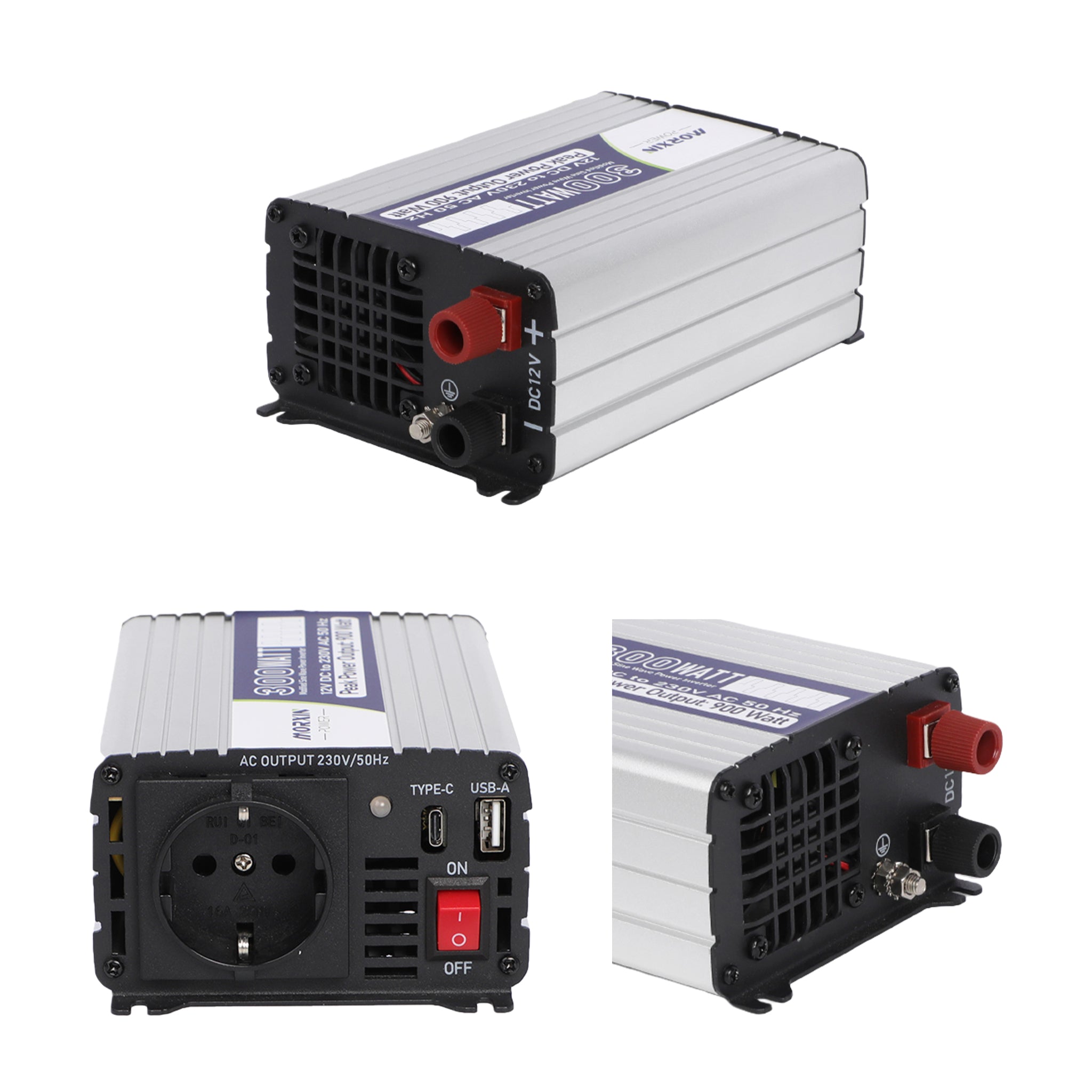 300W modified sine wave power inverter with AC output, USB ports, and DC input, featuring a casing and on/off switch.