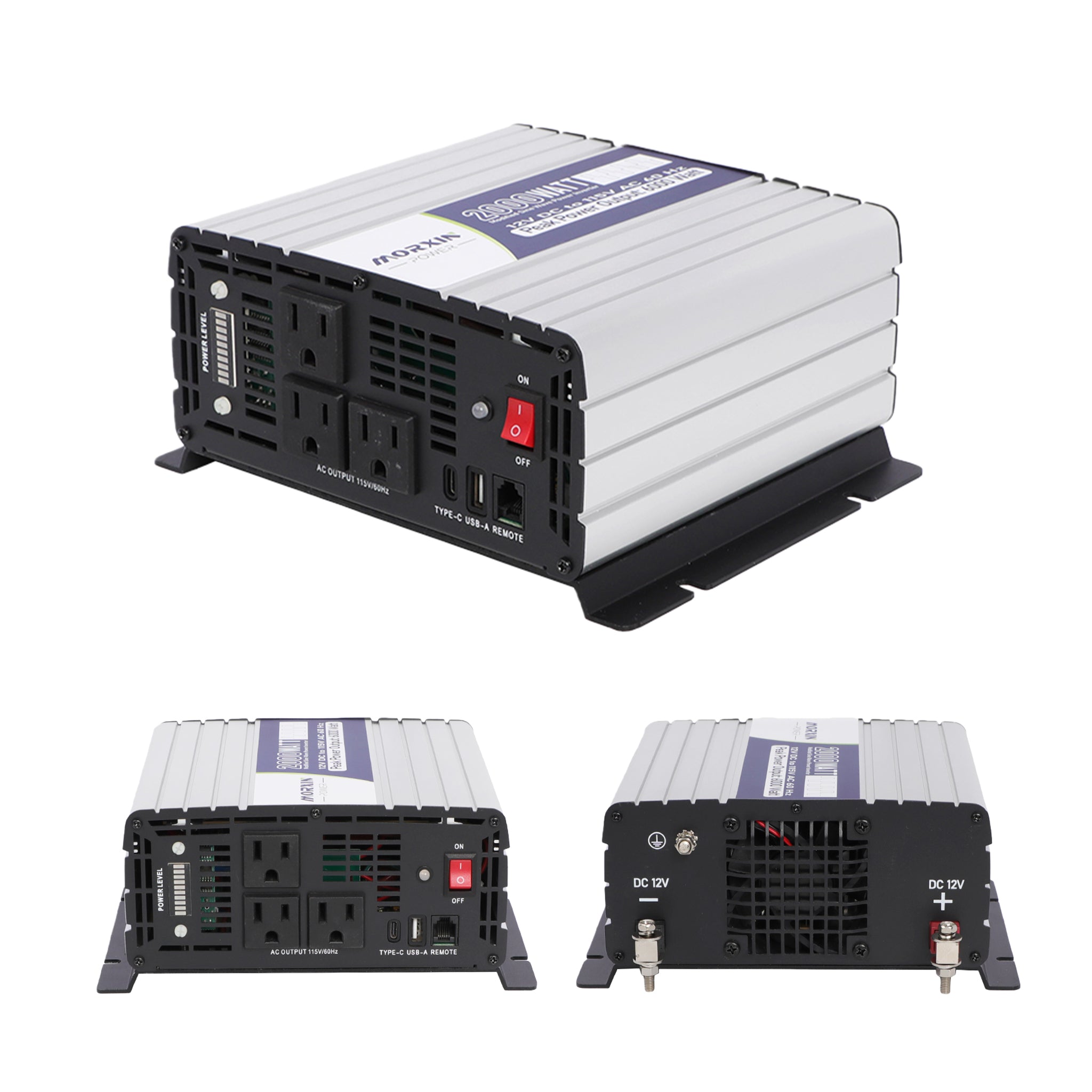 Mroxin Power silver and black 2000-watt power inverter front panel featuring multiple AC outlets, USB ports, ventilation grilles, on/off switch, and indicator lights; rear panel shows DC 12V positive and negative battery terminals and cooling fan; high-power automotive inverter for solar, RV, truck, and off-grid energy systems.