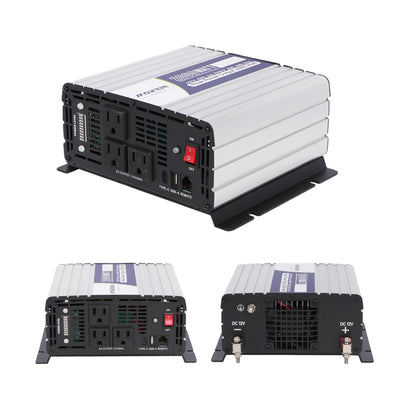 Mroxin Power silver and black 2000-watt power inverter front panel featuring multiple AC outlets, USB ports, ventilation grilles, on/off switch, and indicator lights; rear panel shows DC 12V positive and negative battery terminals and cooling fan; high-power automotive inverter for solar, RV, truck, and off-grid energy systems.