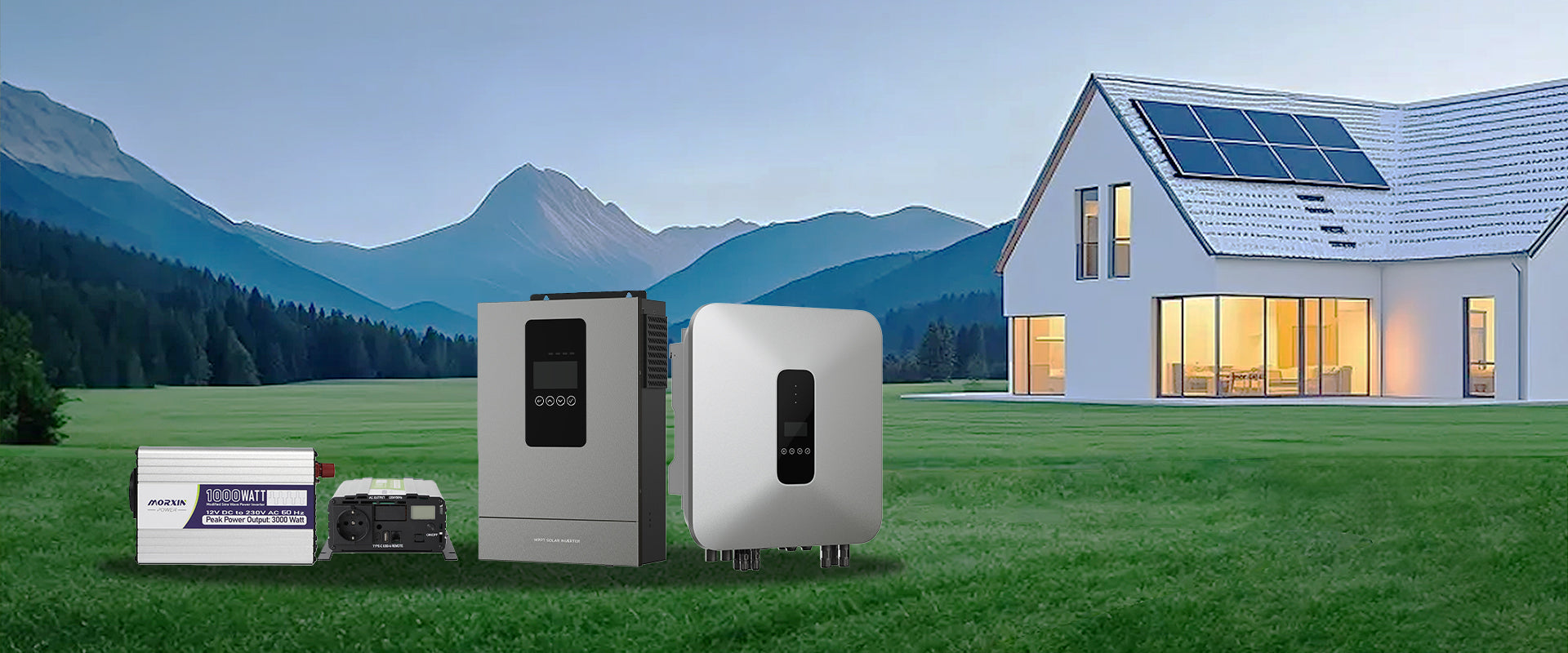 A house with solar panels on the roof, featuring solar inverters in the foreground.