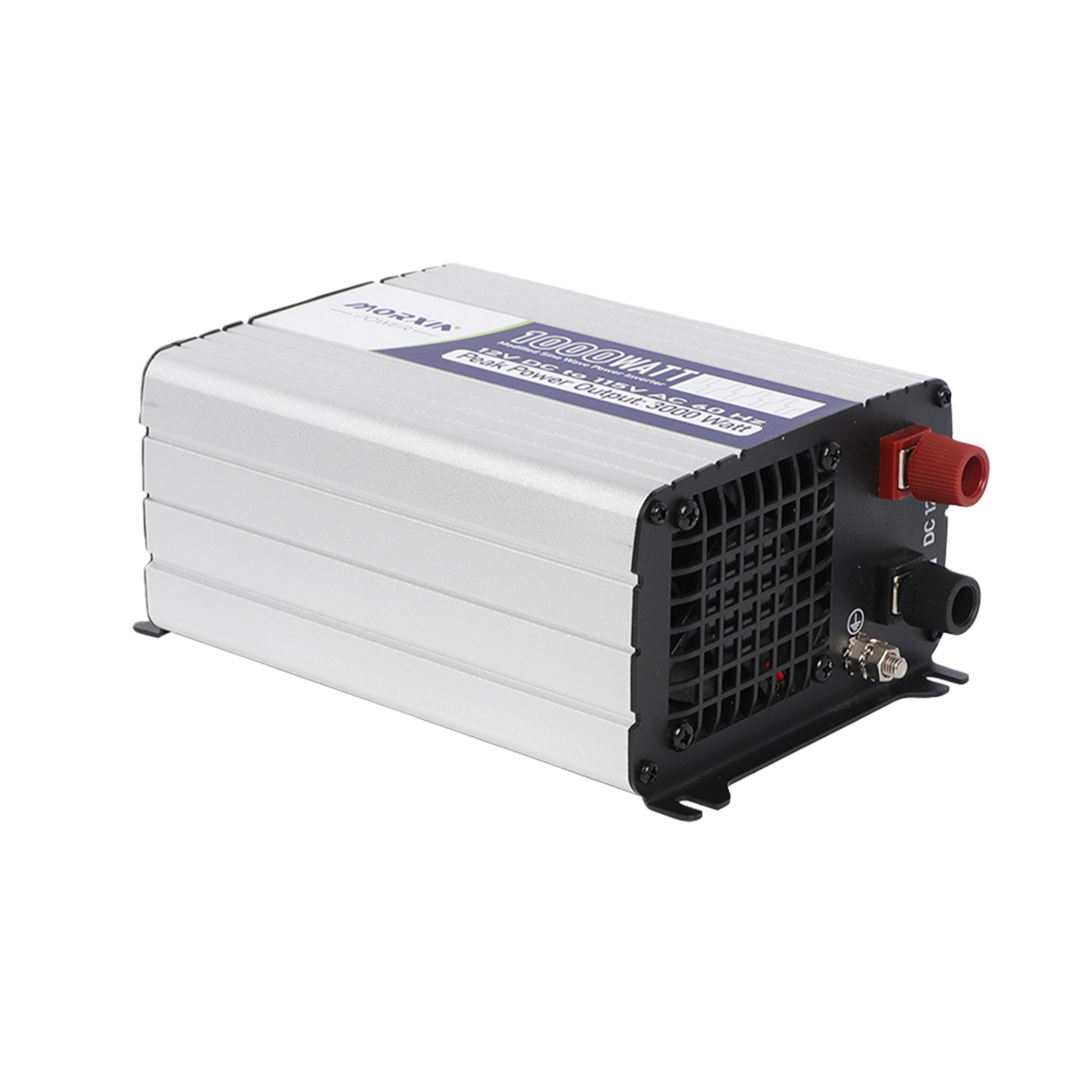 Silver 1000-watt power inverter showing heat dissipation vent and DC input connection.