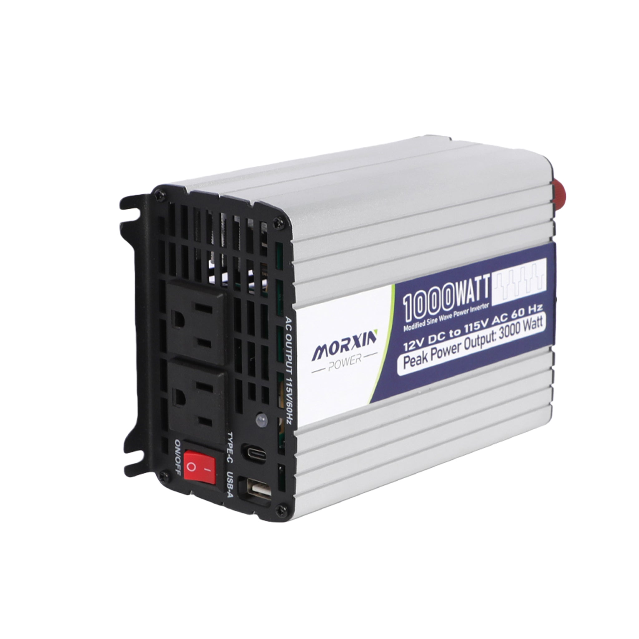 A 1000W power inverter with a silver casing, featuring AC outlets, USB ports, and an ON/OFF switch, labeled for 12V to 115V conversion.