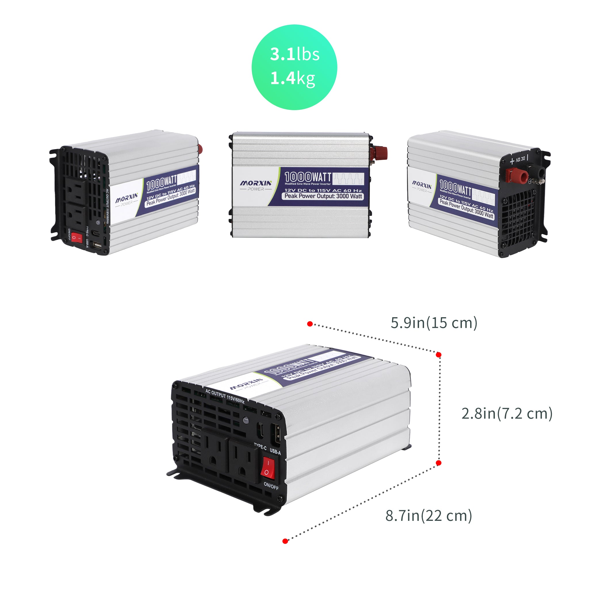 Image of a Morxin Power 1000W modified sine wave power inverter with specifications showing dimensions and weight (3.1 lbs, 1.4 kg) for portable power supply.