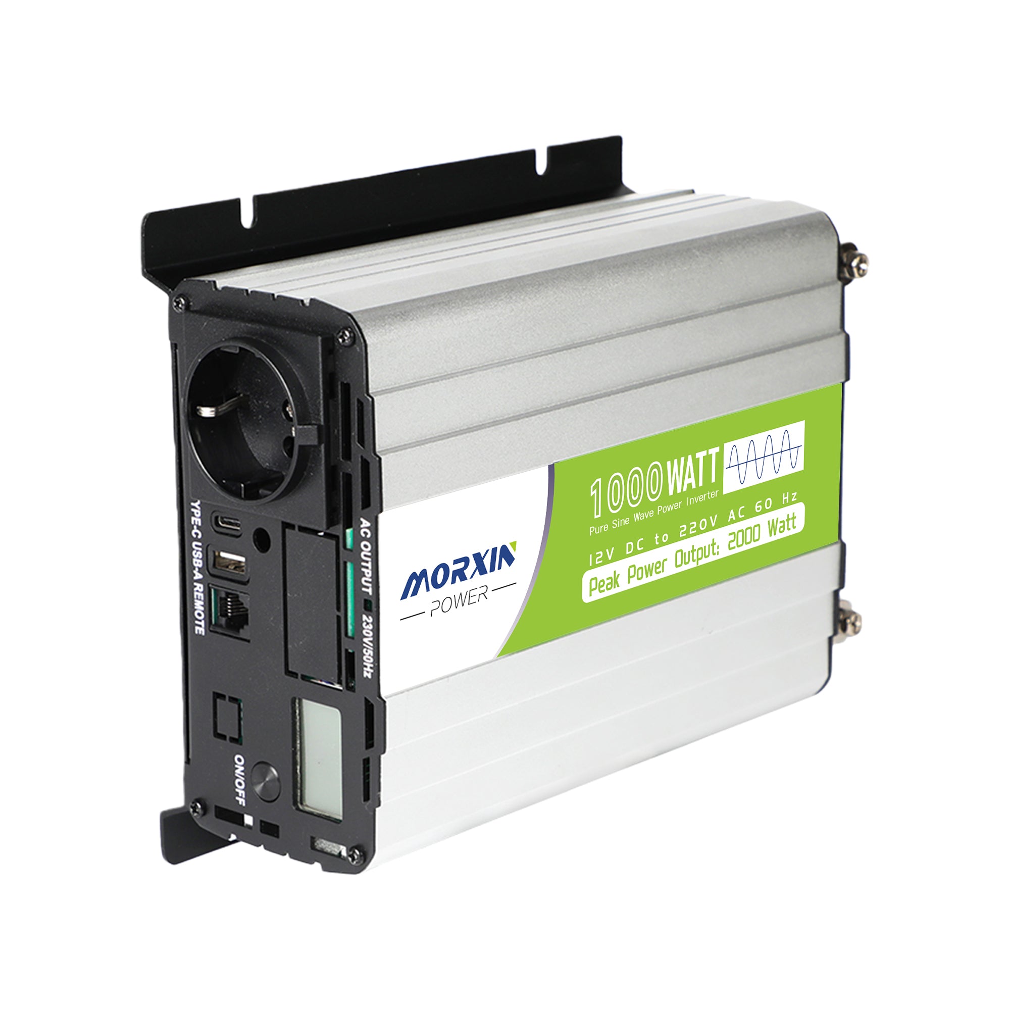 Silve Morxin Power 1000 watt pure sine wave power inverter with green label, displaying “Peak Power Output: 2000 Watt,” shown at an angle on a white background. The inverter features an AC outlet, USB ports, power switch, cooling vents, mounting brackets, and a small digital display.