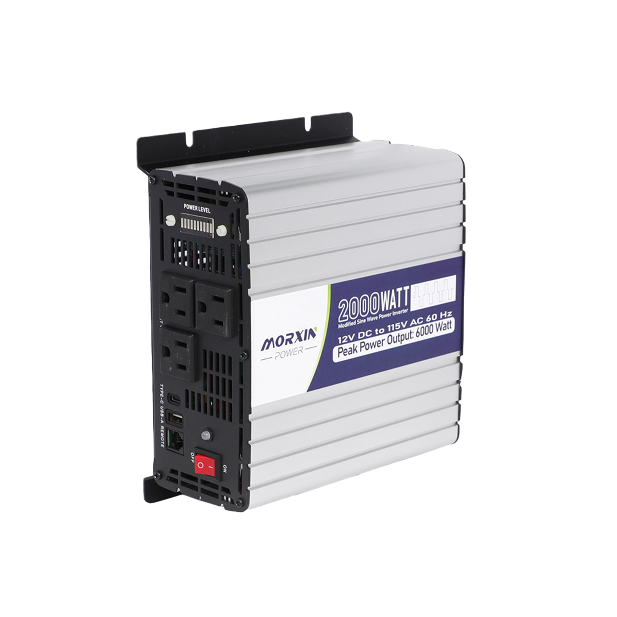 Close-up of a Morxin Power 2000 Watt modified sine wave power inverter with multiple AC outlets displayed, featuring a silver casing.