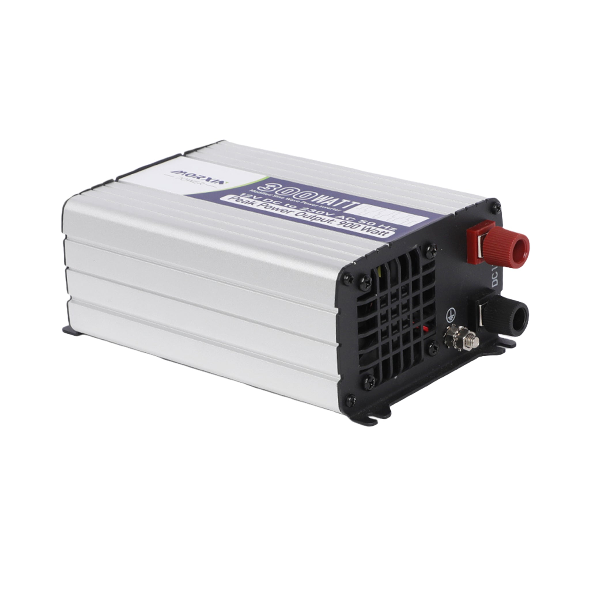 A silver 300-watt DC to AC power inverter designed for converting car power to household electricity.
