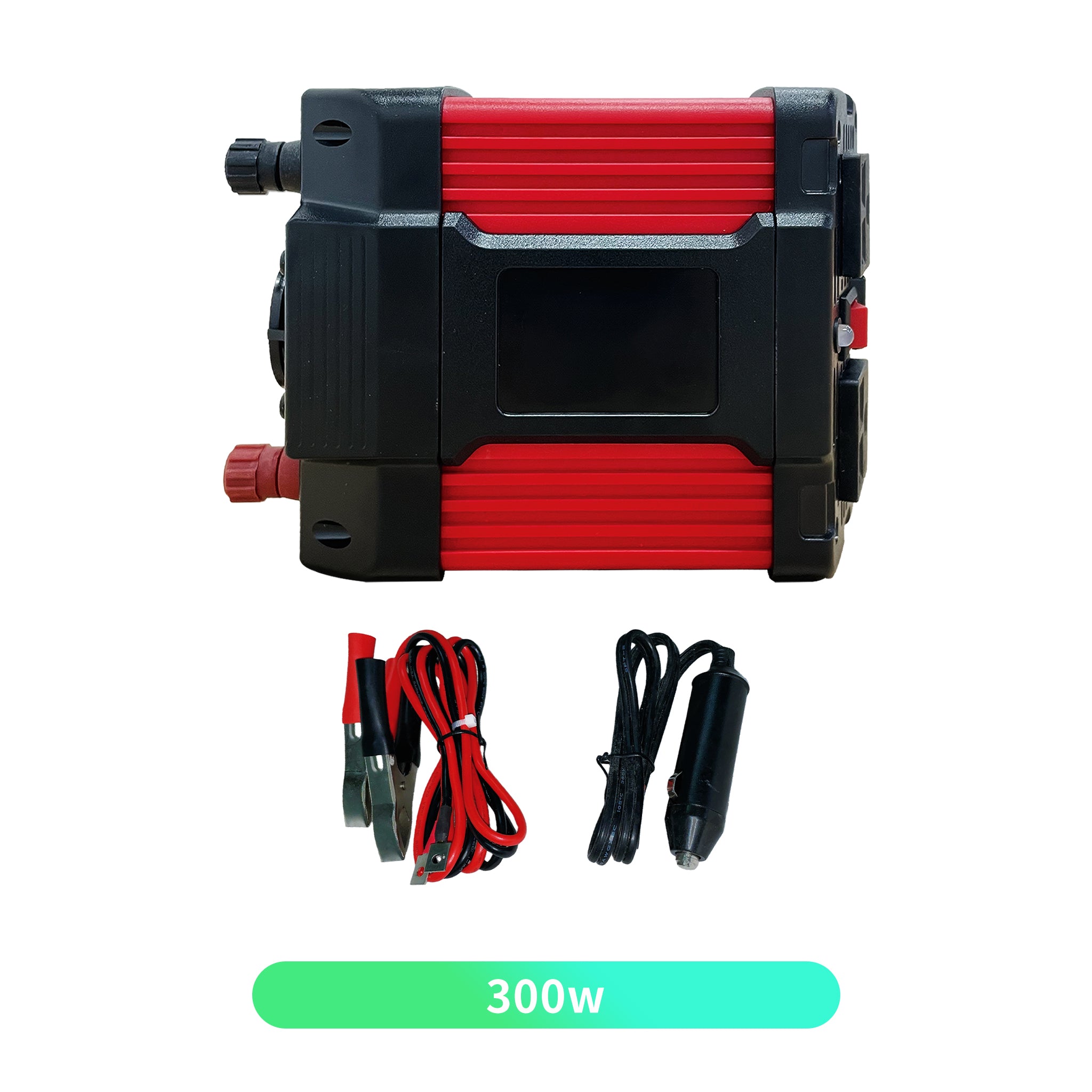 Morxin Power 12V 300W power inverter with red and black housing, dual AC outlets, and cooling vents, shown with included accessories: red-and-black battery clip cables and a black 12V car cigarette-lighter plug cable. 