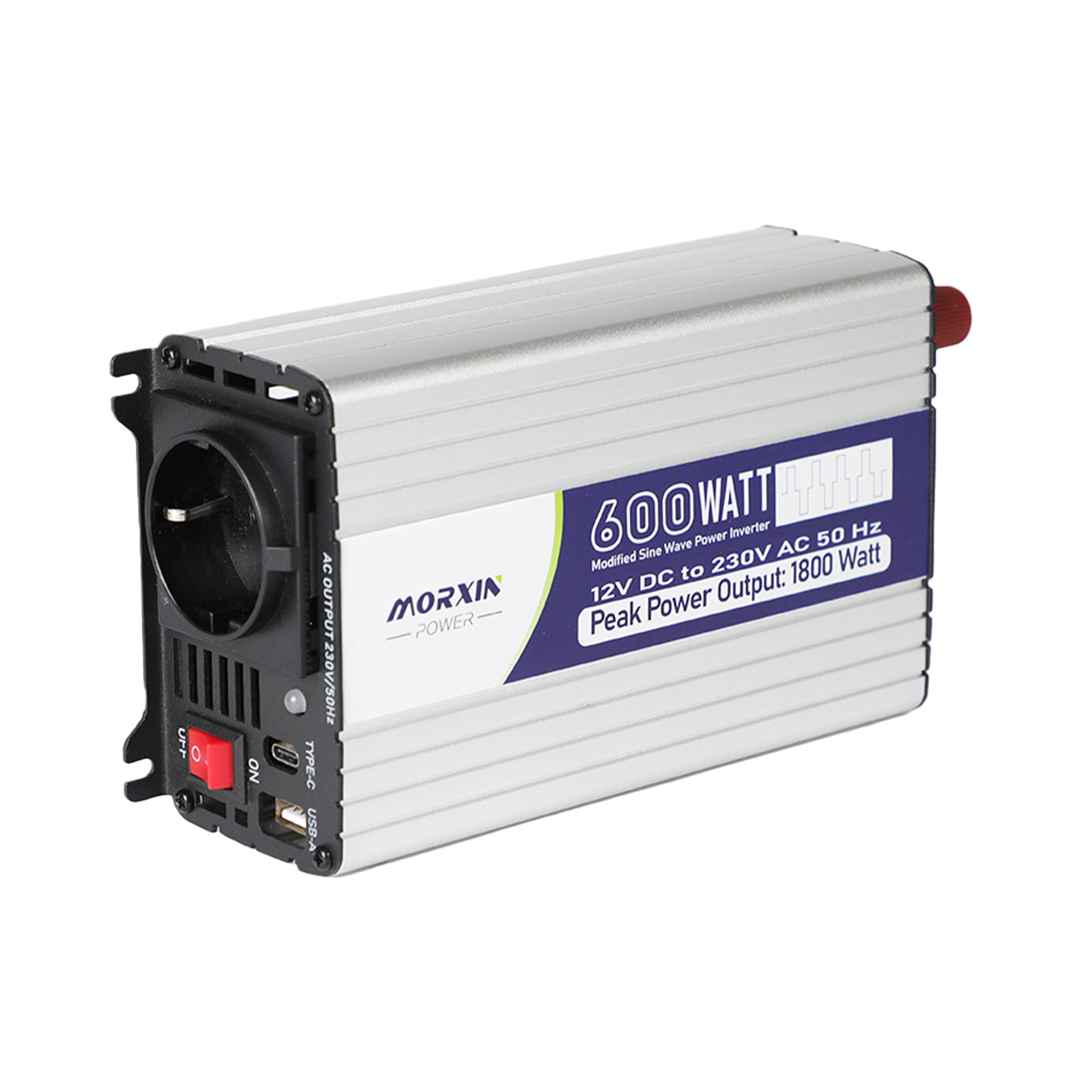 The Morxin Power 600W modified sine wave power inverter has a 12V DC input and a 230V AC output, featuring a peak power of 1800W.