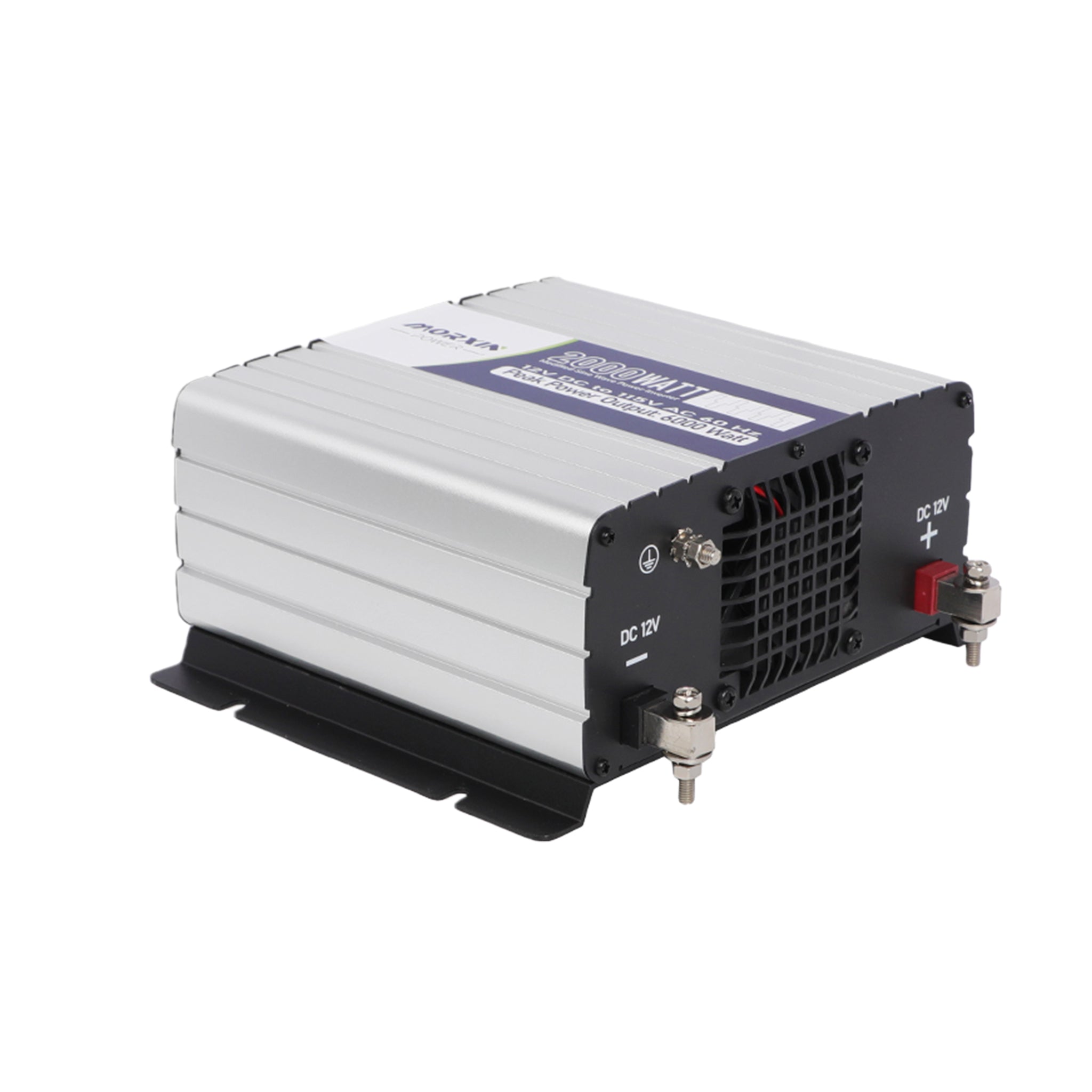 Angled view of a Morxin Power 3000-watt power inverter featuring a rear cooling fan, DC 12V positive and negative battery terminals with red and black connectors, sturdy mounting brackets, and a blue-and-white specification label; inverter for solar, RV, off-grid, and automotive power systems.