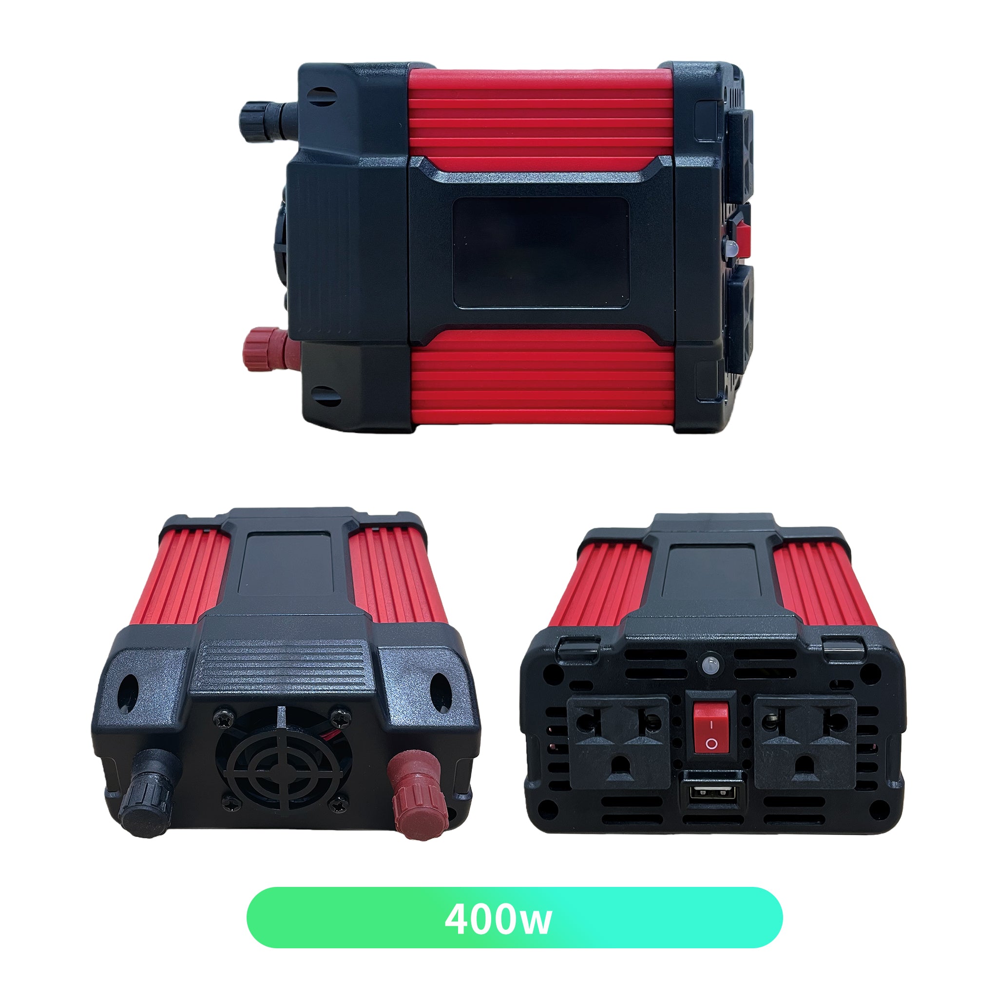 Morxin Power 12V 400W modified sine wave inverter featuring a red and black design, showcasing multiple ports, viewed from different angles.
