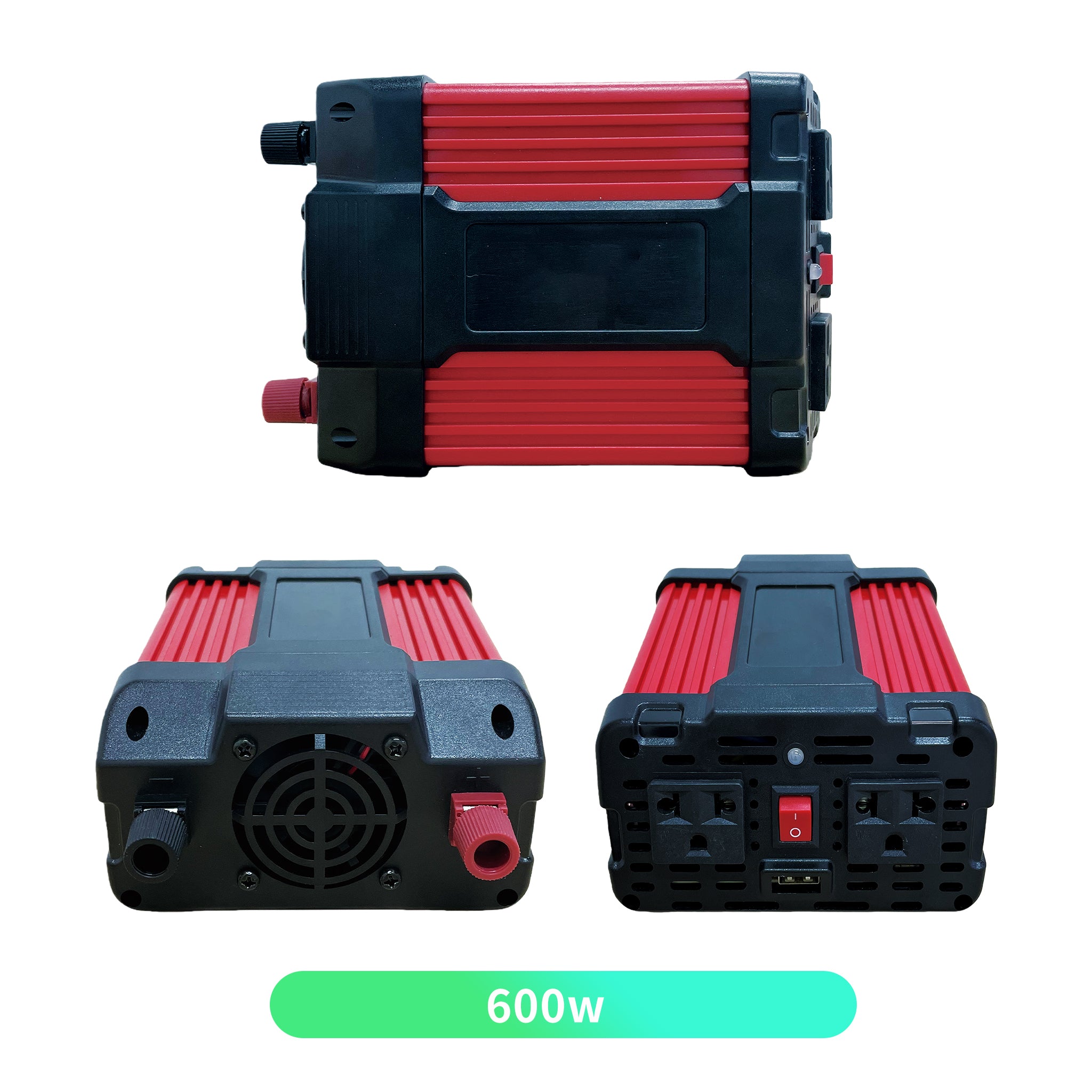 Three angles of Morxin Power 12V 400W modified sine wave inverter, featuring a red and black design with input/output ports for versatile connections.