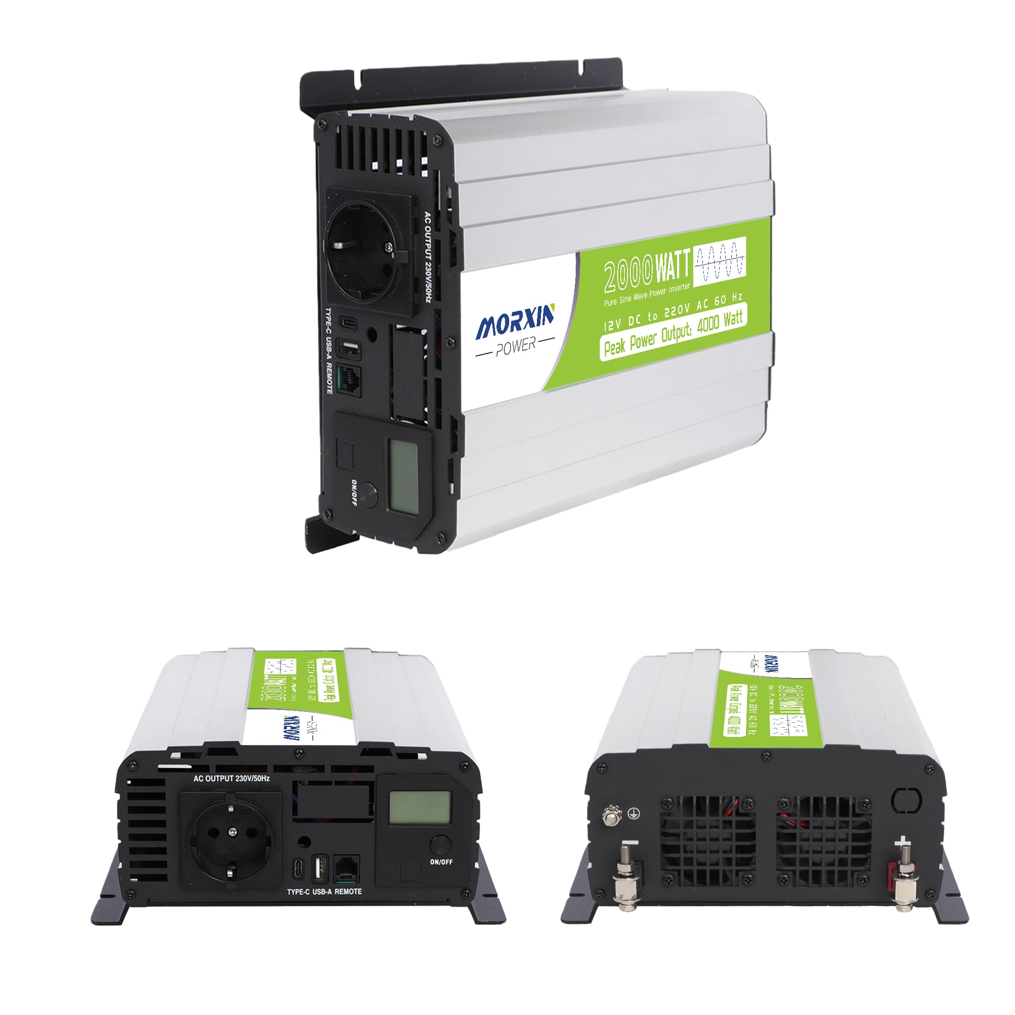 Morxin Power inverter showcasing a sleek design, capable of 2000W continuous and 4000W peak power output, with multiple input/output ports.
