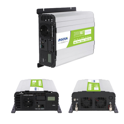 Morxin Power inverter showcasing a sleek design, capable of 2000W continuous and 4000W peak power output, with multiple input/output ports.