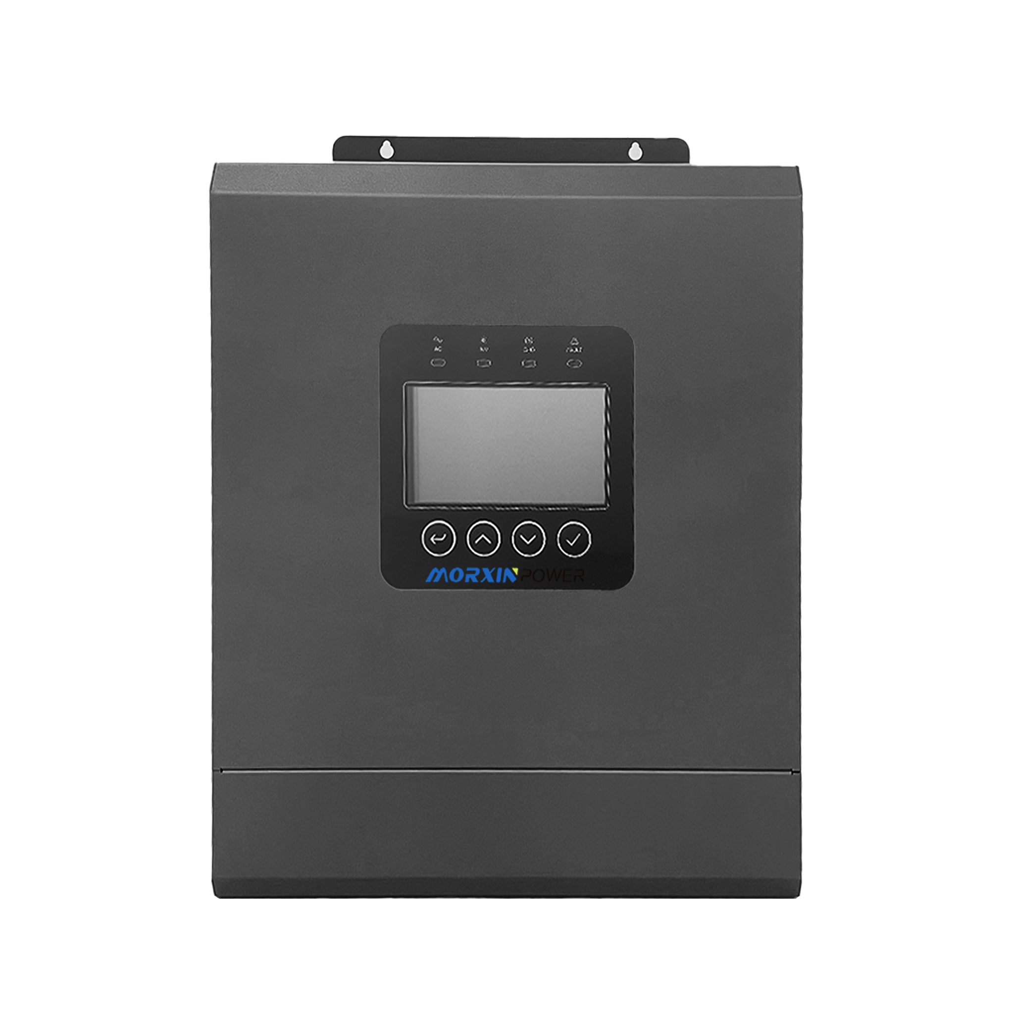 Morxin Power 48V 12000W single-phase off-grid hybrid solar inverter with built-in MPPT charge controller, LCD display, and wall-mount bracket.