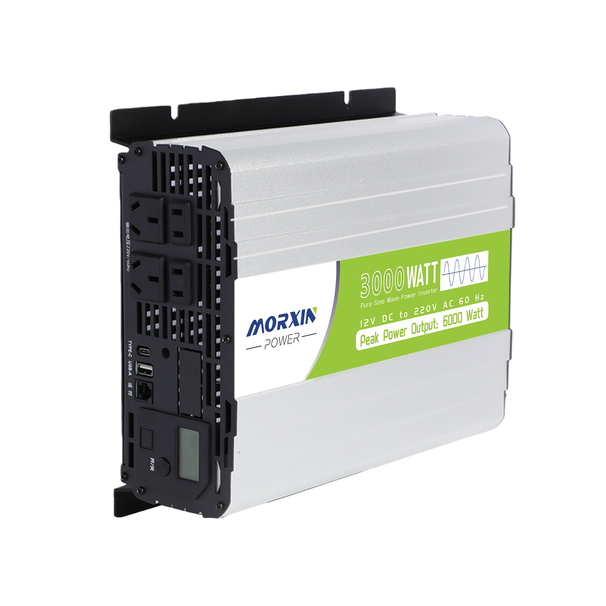 Morxin Power 12V 3000W pure sine wave inverter 12V to 220V 60Hz with LCD display, fast charging, and remote control port.