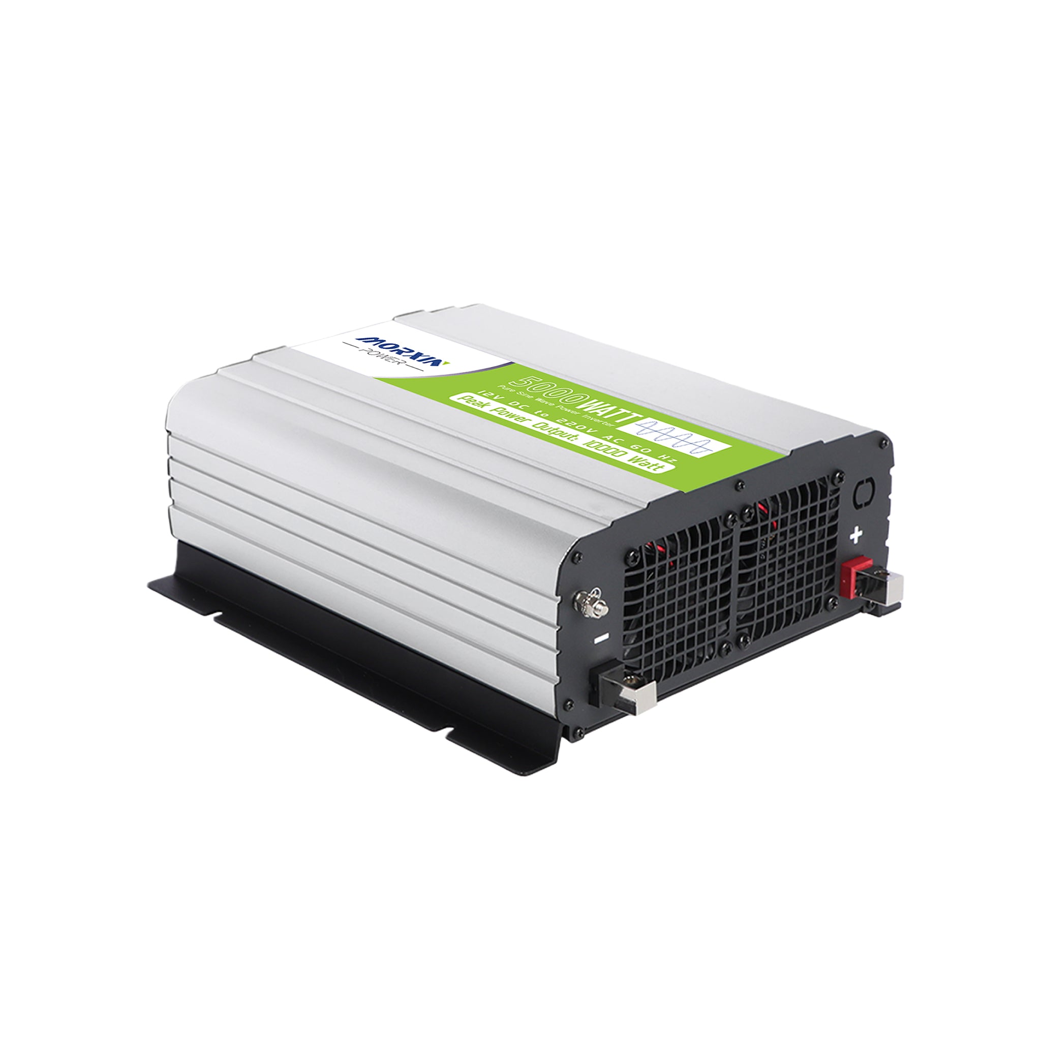 Morxin Power 12V 5000W pure sine wave inverter side-rear view showing DC input terminals, cooling fans, and mounting bracket.