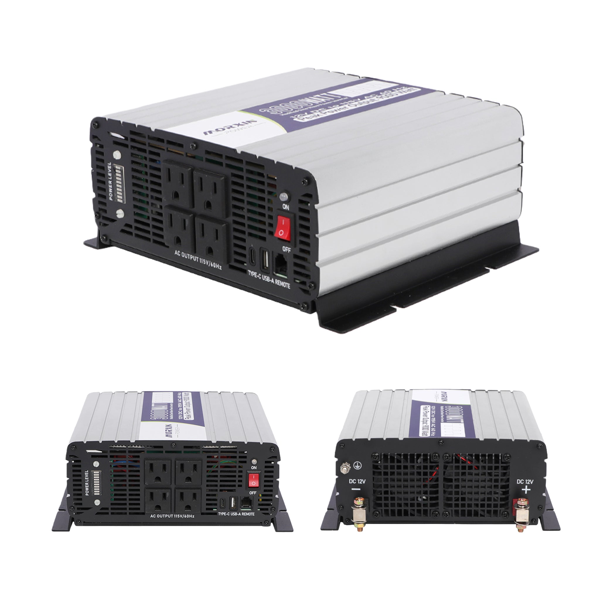 Morxin Power 3000W modified sine wave inverter multi-angle view showing side cooling vents and rear DC terminals on a white background.