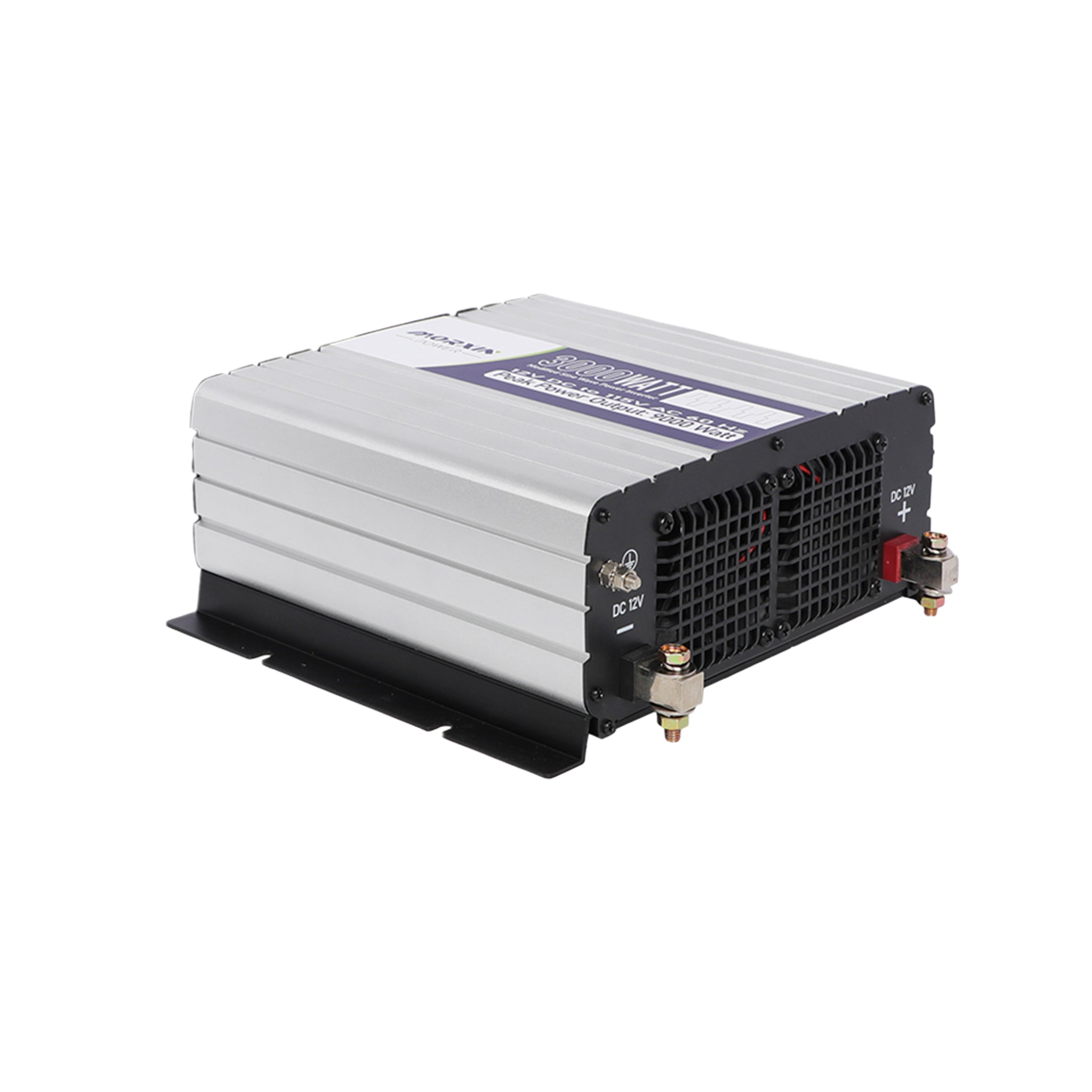 Morxin Power 3000W modified sine wave inverter side-rear view showing DC input terminals, large cooling fan, and mounting brackets.