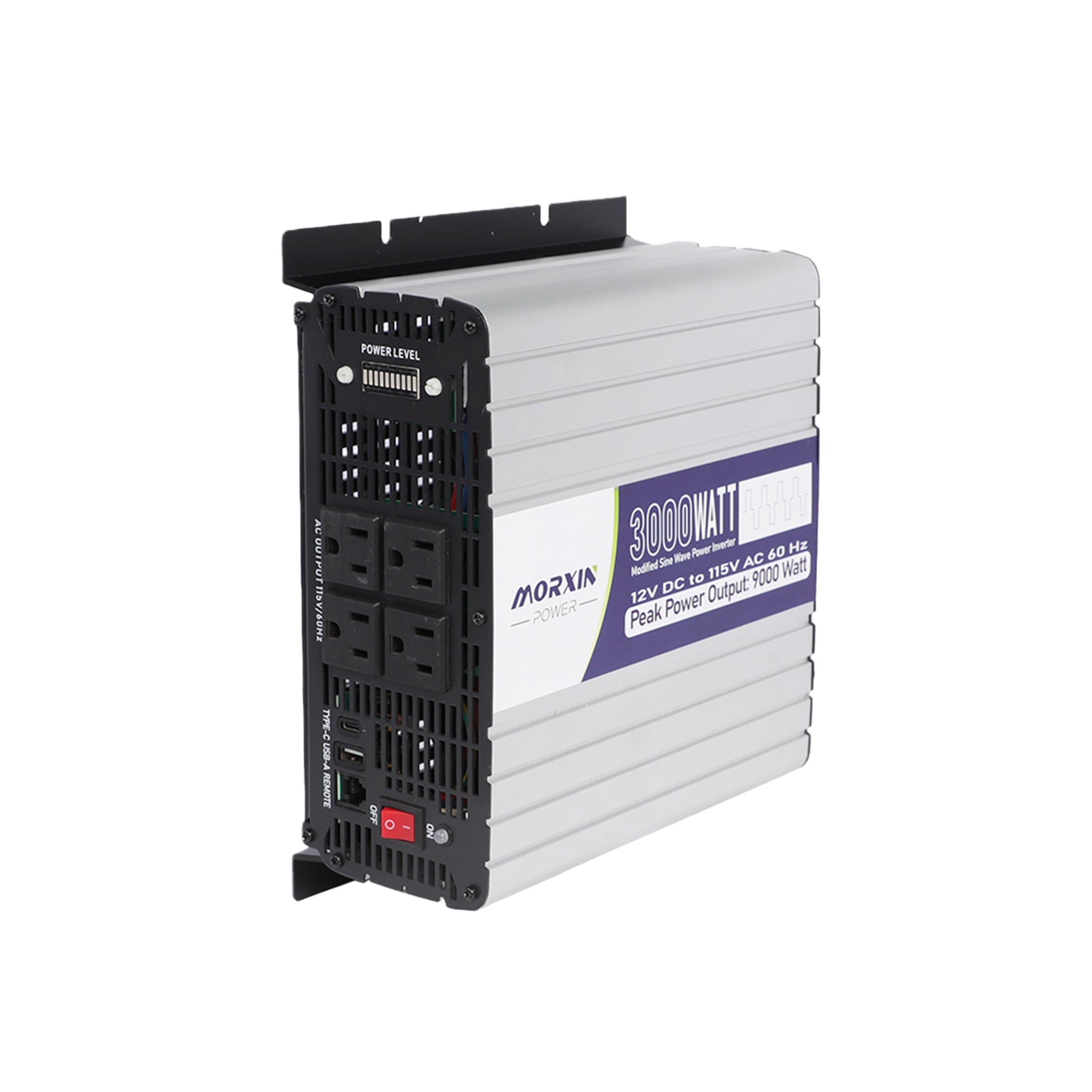 Morxin Power 3000W modified sine wave inverter 12V to 115V 60Hz US plug with 4 AC outlets, USB-A, Type-C fast charging, and LCD display.