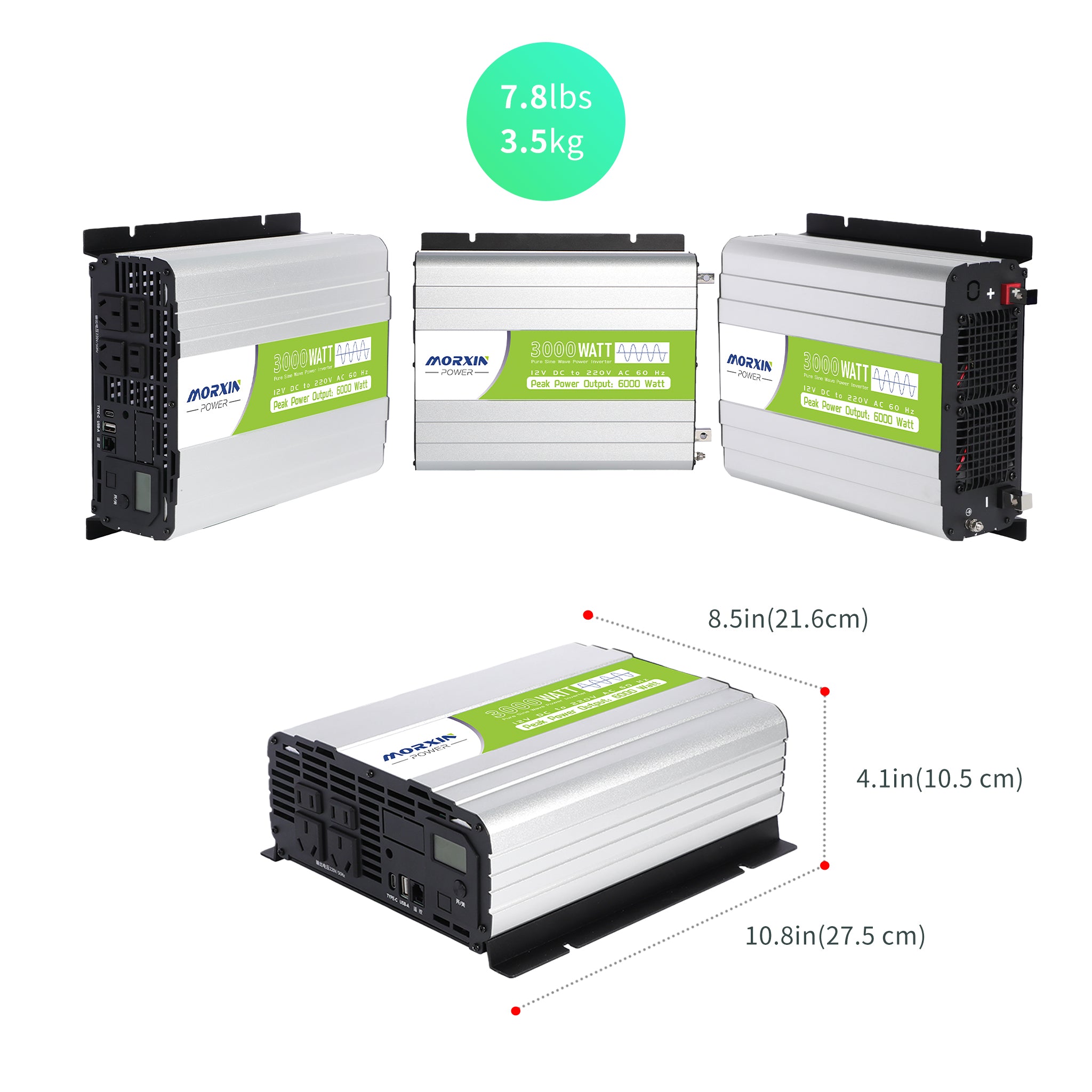 Morxin Power 3000W 12V pure sine wave inverter exact dimensions 10.8 × 8.5 × 4.1 inches (27.5 × 21.6 × 10.5 cm), weight only 7.8 lbs (3.5 kg)