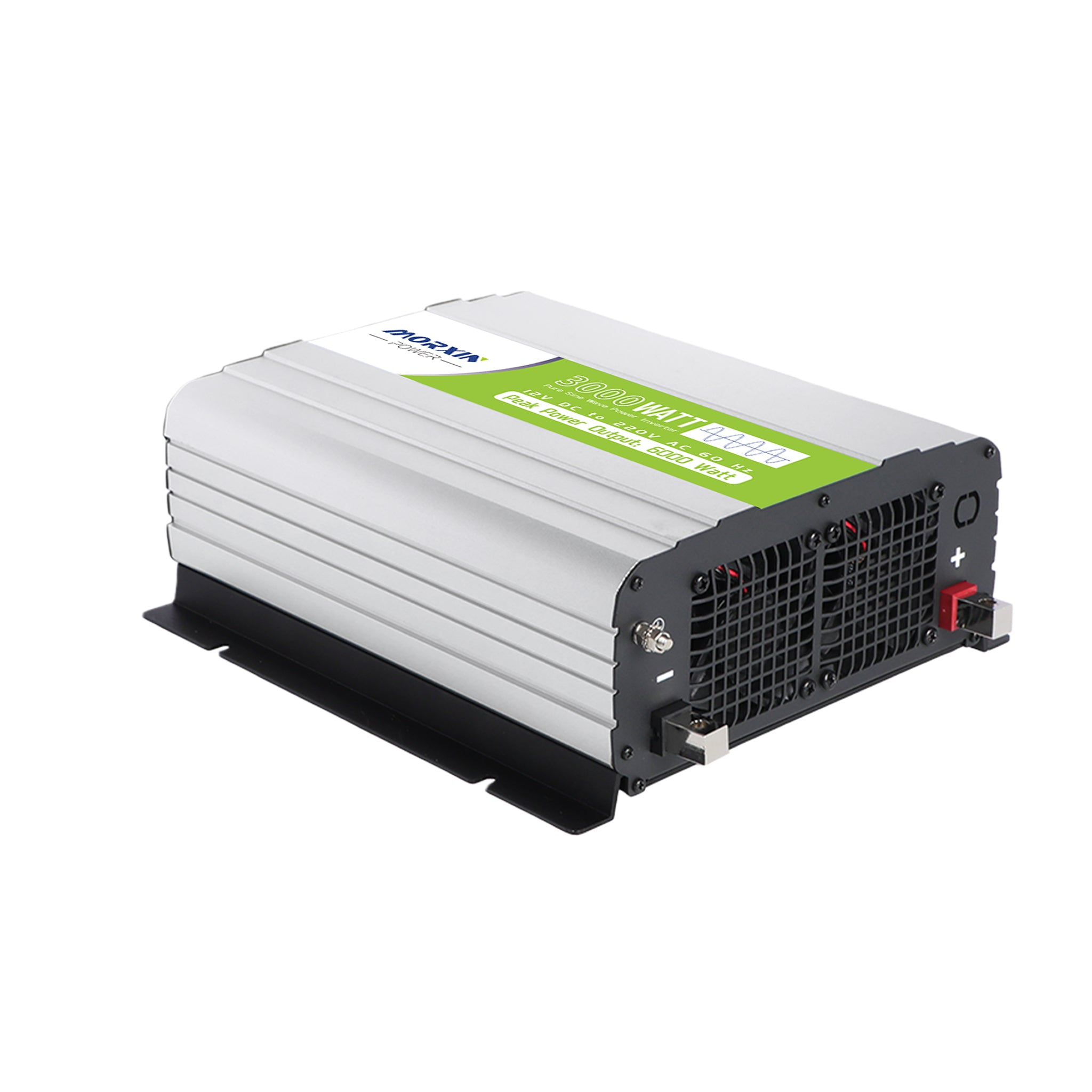 Morxin Power 12V 3000W pure sine wave inverter rear view with DC terminals, cooling fan and wall-mount design, high-power construction.