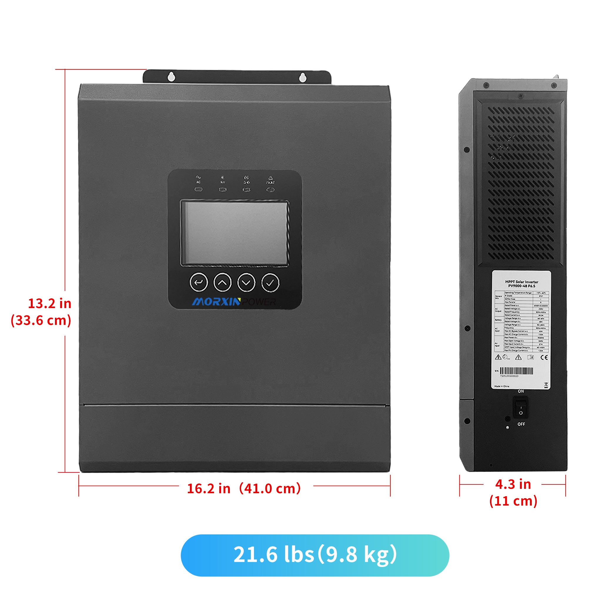 Morxin Power 48V 6000W hybrid solar inverter exact dimensions 16.2 × 13.2 × 4.3 inches (41 × 33.6 × 11 cm), weight 21.6 lbs (9.8 kg), multi-angle view.