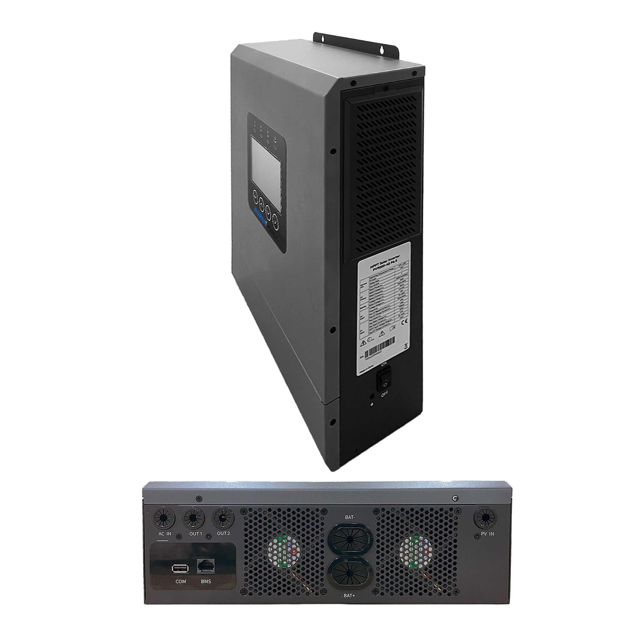 Morxin Power 48V 6000W hybrid solar inverter front LCD display and bottom ports detail showing AC IN, AC OUT1/OUT2, PV IN, BAT terminals, COM/BMS ports and dual cooling fans.