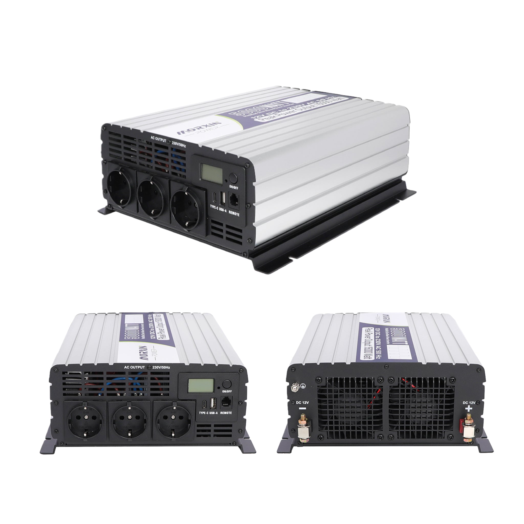 Morxin Power 5000W modified sine wave inverter multi-angle view showing front panel with 3 AC outlets, USB-A, Type-C and LCD display, side cooling vents and rear DC terminals.