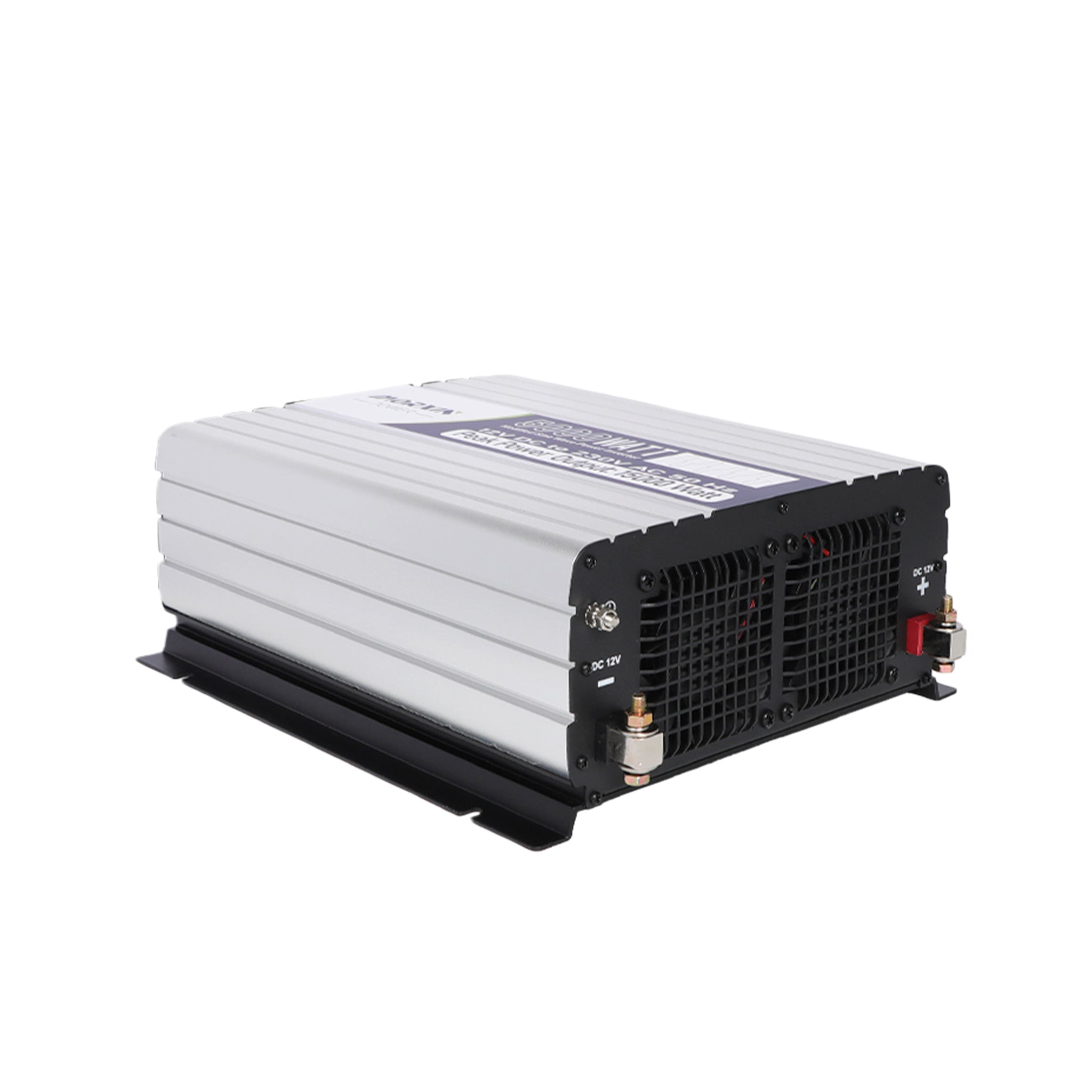 Morxin Power 5000W modified sine wave inverter side-rear view showing heavy-duty DC input terminals, cooling fan, aluminum heatsink and mounting brackets.